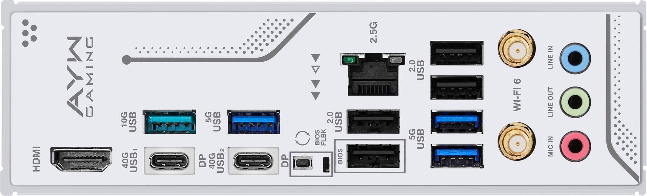 - HDMI
- 40G USB1
- 10G USB
- 5G USB
- DP
- 40G USB2
- 2.0 USB
- 5G USB
- 6 WI-FI
- IN LINE OUT
- LINE IN
- MIC
- 2.5G
- 2.0 USB
- 5G USB
- BIOS FLBK
- DP BIOS
- 2.0 USB
- 2.5G
- 2.0 USB
- 5G USB
- BIOS FLBK
- DP BIOS