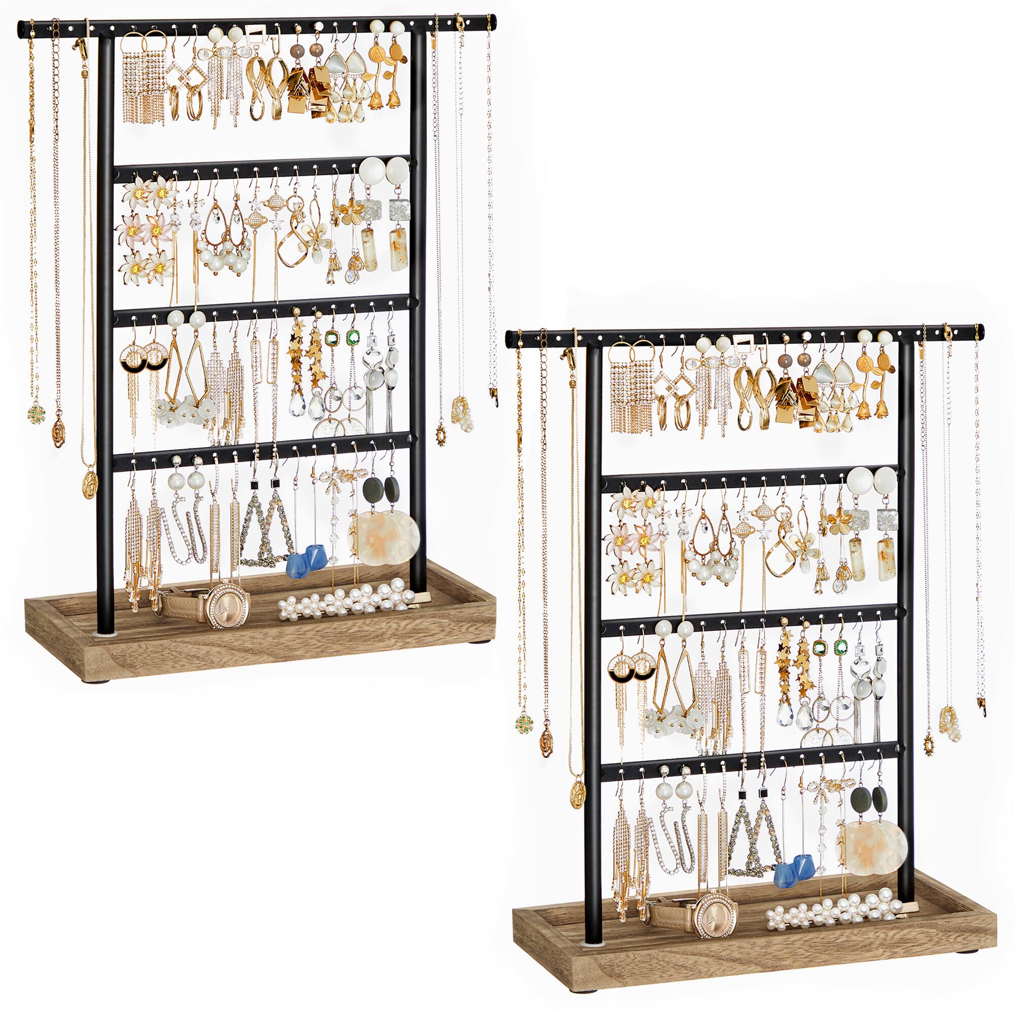 Front. Songmics Home - Set of 2 Jewelry Organizers, 4-Tier Earring Holders Organizers Stands with Base Tray, for Studs and Necklaces, Vintage - Black and Wood Color.