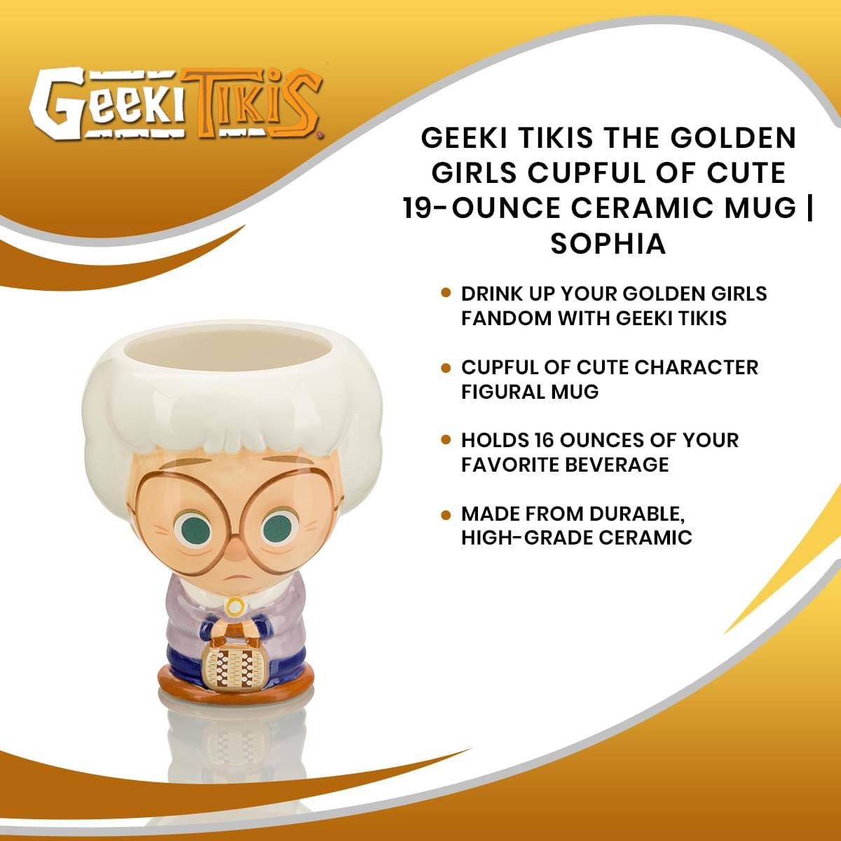 Geeki Tikis The Golden Girls Cupful of Cute 19-Ounce Ceramic Mug | Sophia

Drink up your Golden Girls fandom with Geeki Tikis
Cupful of Cute Character Figural Mug
Holds 16 ounces of your favorite beverage
Made from durable, high-grade ceramic