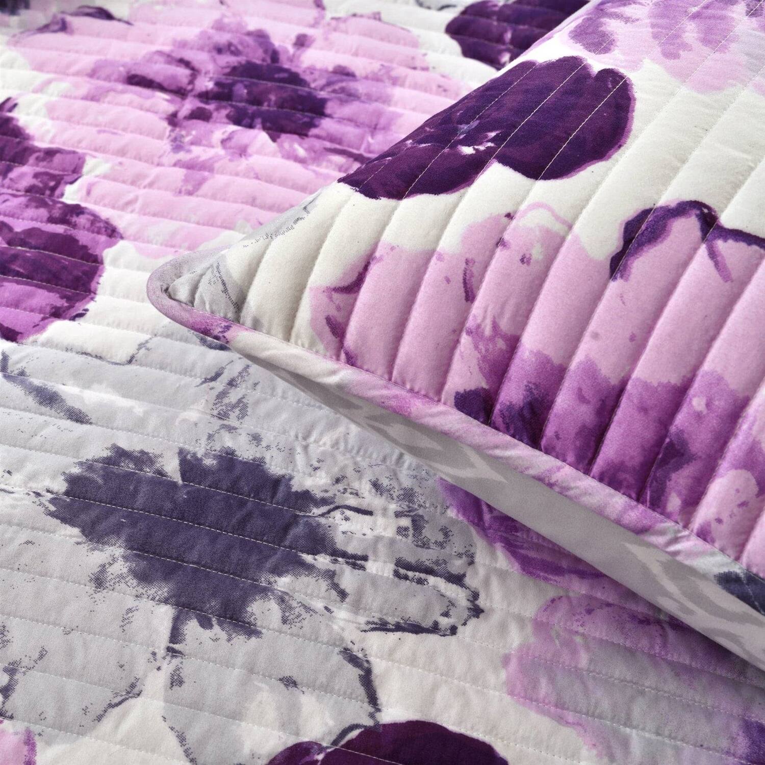 Back. Hivvago - Full/Queen Purple Grey Flowers Lightweight Polyester Microfiber Quilt Set - Purple,Grey.
