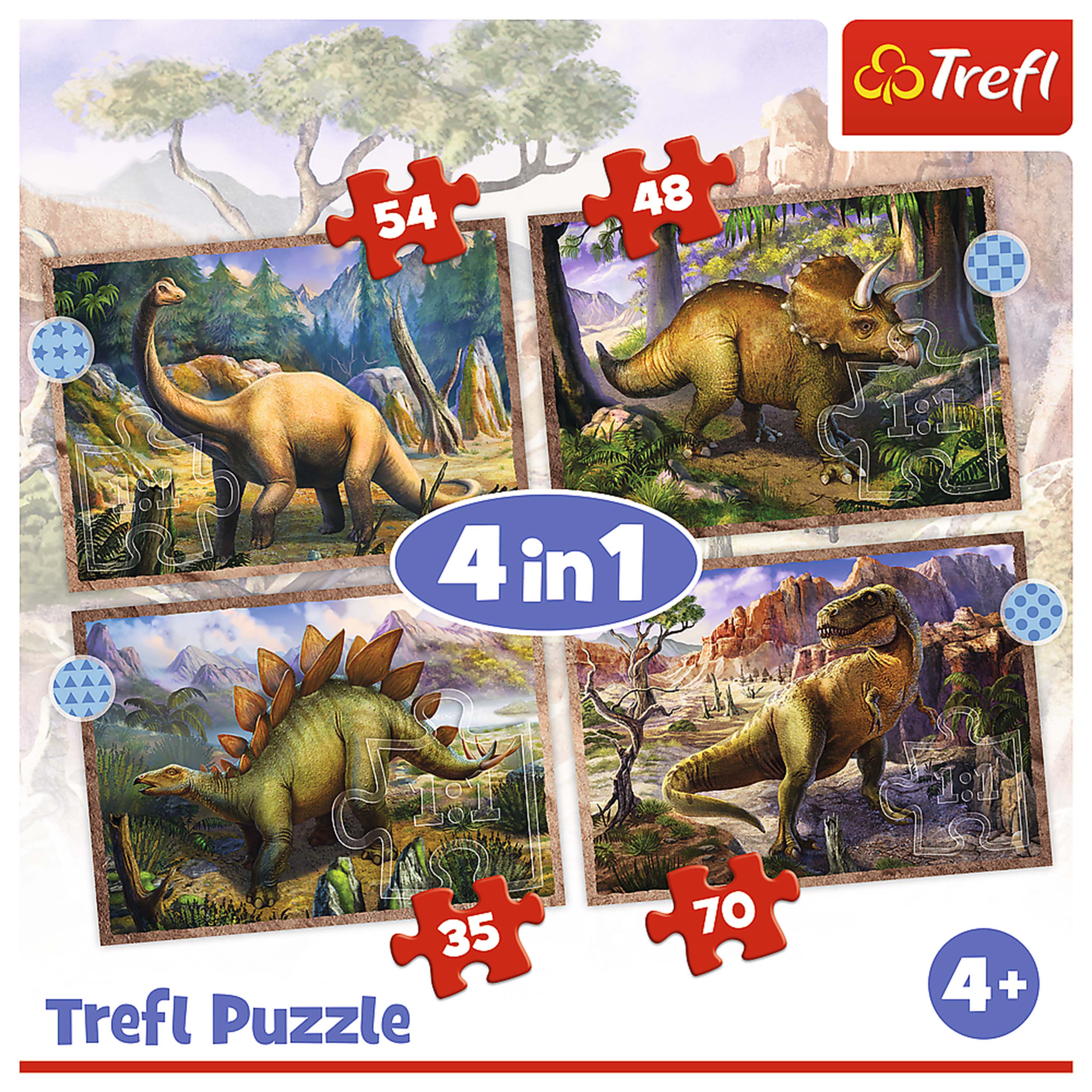 Sure, here is the corrected and grouped text from the image:

- Trefl Puzzle
- 4 in 1
- 54
- 48
- 35
- 70
- 4+
- Trefl