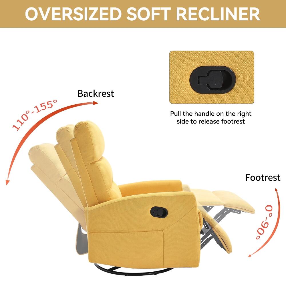 OVERSIZED SOFT RECLINER

Backrest 110-155°

Pull the handle on the right side to release footrest

Footrest 0-90°