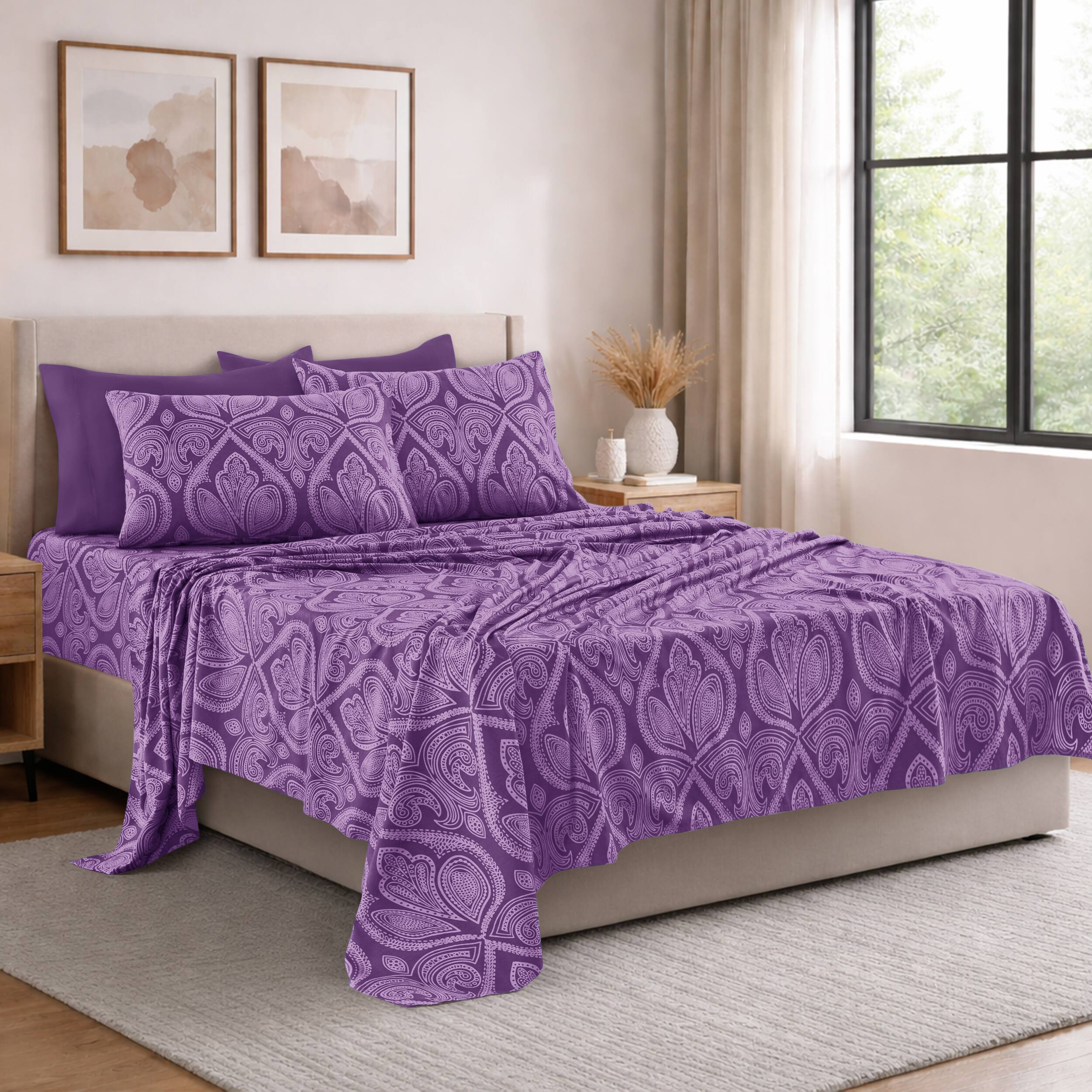 Angle. Lux Decor Collection - Lux Decor Collection 6-Piece Queen Sheet Set, Paisley Design Brushed Microfiber Deep Pocket Sheets - Purple.