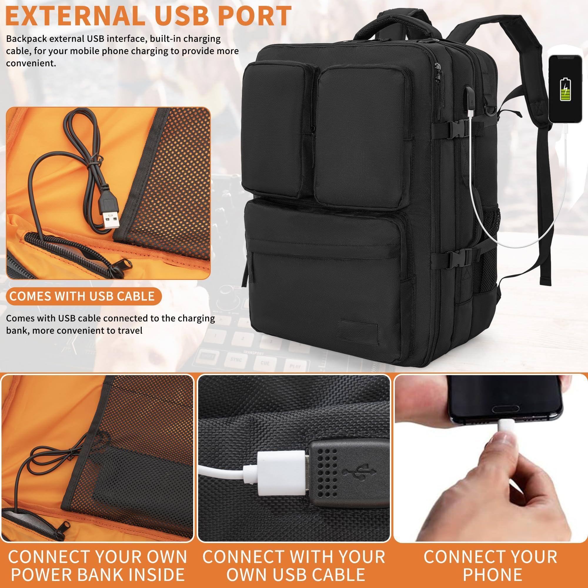 **EXTERNAL USB PORT**
Backpack external USB interface, built-in charging cable, for your mobile phone charging to provide more convenient.

**COMES WITH USB CABLE**
Comes with USB cable connected to the charging bank, more convenient to travel.

**CONNECT YOUR OWN POWER BANK INSIDE**

**CONNECT WITH YOUR OWN USB CABLE**

**CONNECT YOUR PHONE**