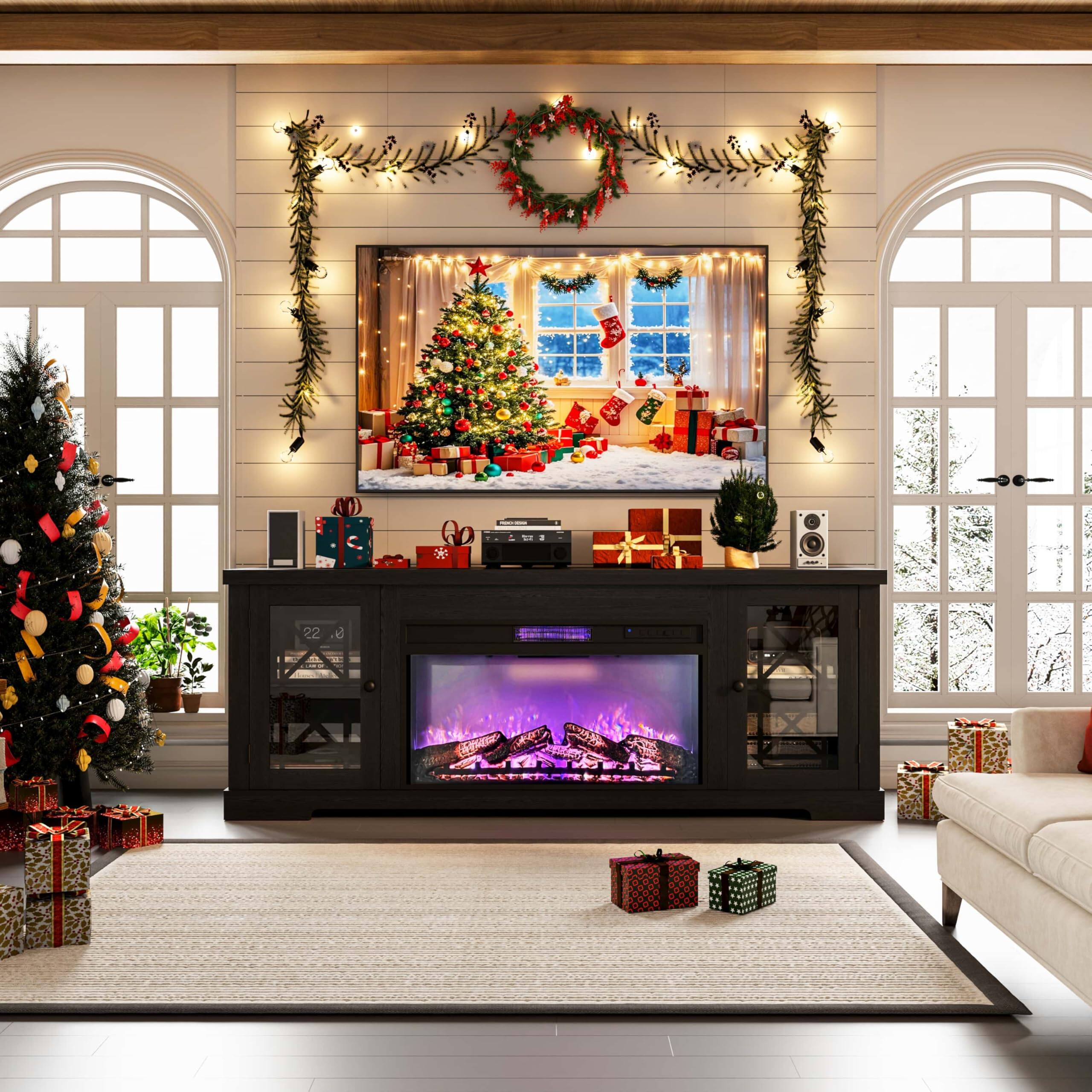 Alt View 4. Jojoka - 70" Farmhouse TV Stand with 36" Electric Fireplace, LED Lights & Storage for TVs Up to 80", Remote-Controlled - Black.