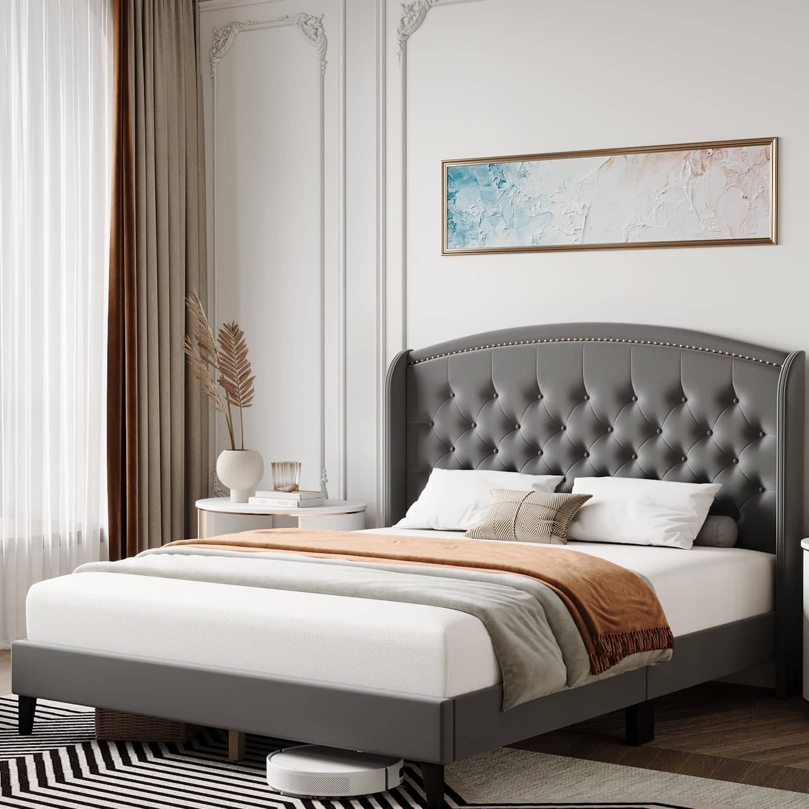 Qeetex - King Size Upholstered Bed - Wingback Headboard, Button Tufted, Wood Slats, No Box Spring, Easy Assembly - Gray