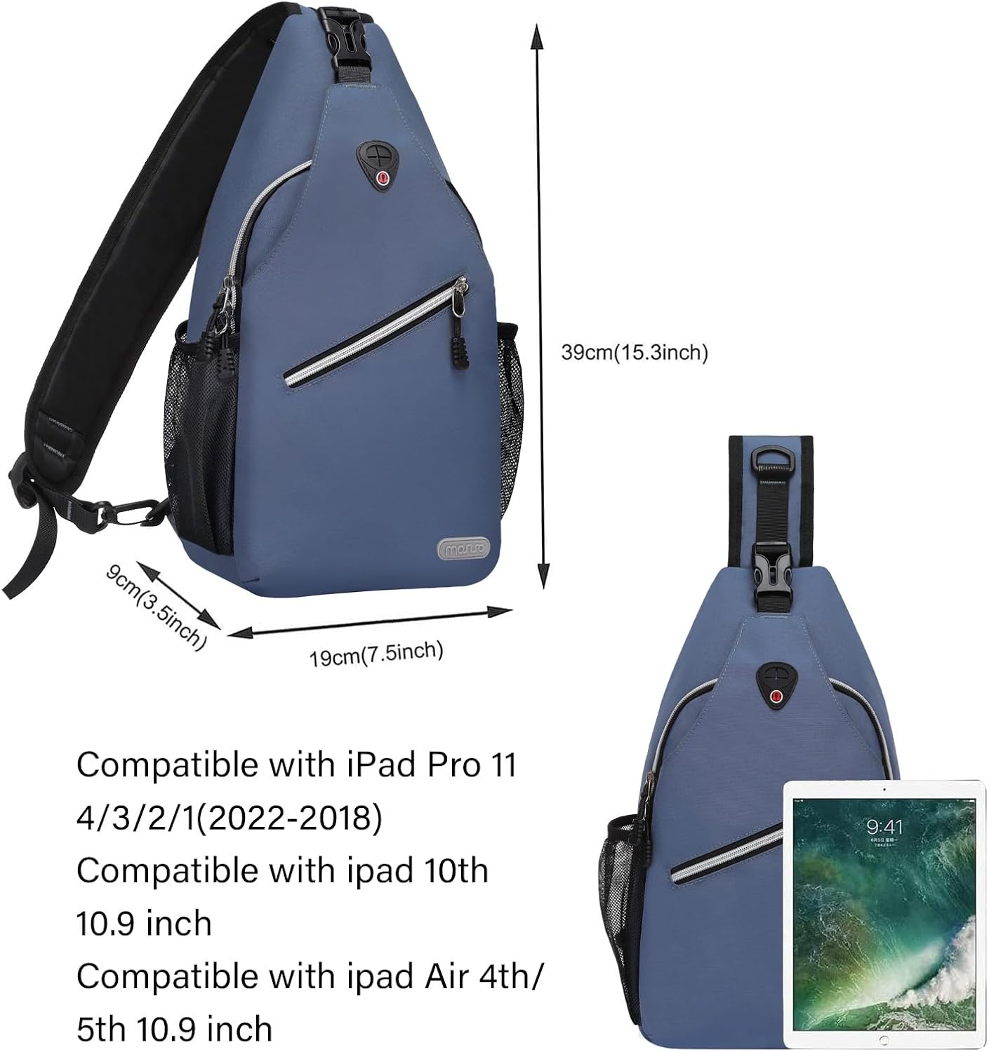 39cm (15.3 inch)  
9cm (3.5 inch)  
19cm (7.5 inch)  

Compatible with iPad Pro 11 4/3/2/1 (2022-2018)  
Compatible with iPad 10th 10.9 inch  
Compatible with iPad Air 4th/5th 10.9 inch