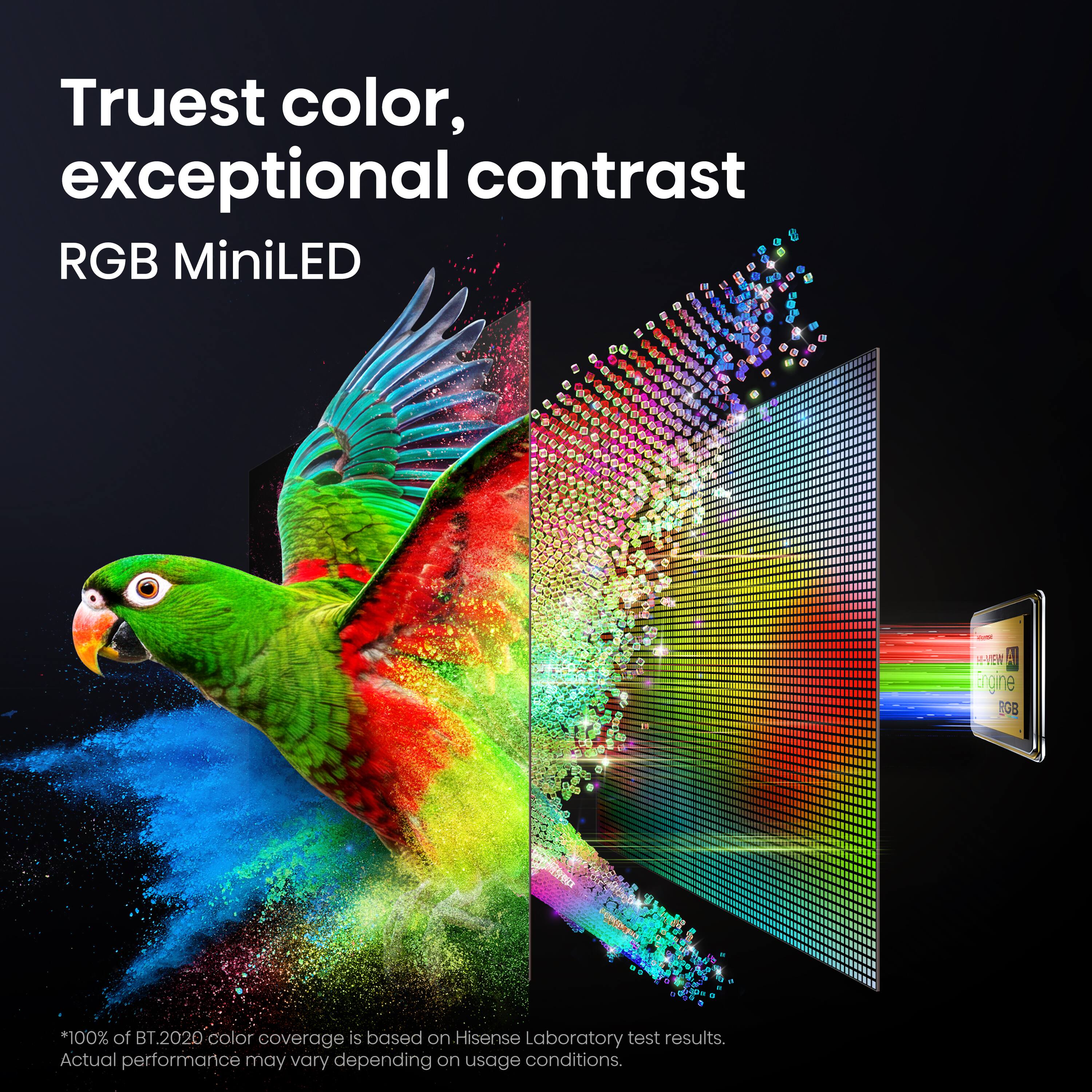 Truest color, exceptional contrast  
RGB MiniLED  

*100% of BT.2020 color coverage is based on Hisense Laboratory test results. Actual performance may vary depending on usage conditions.