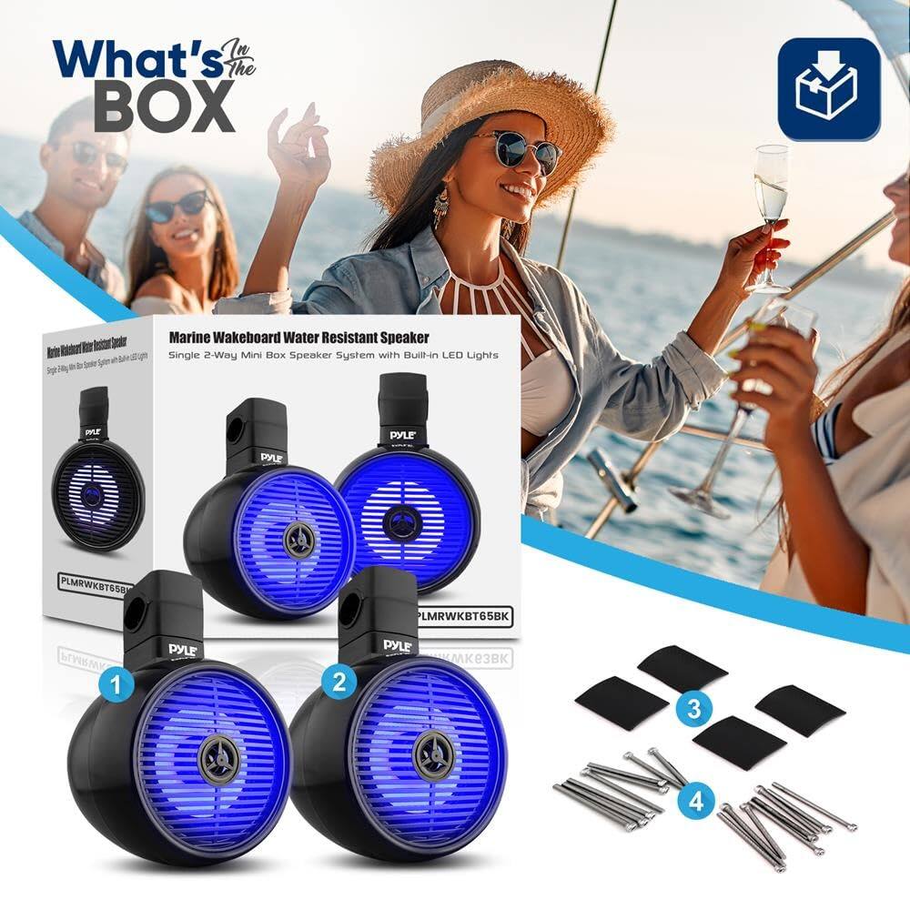 What's In The BOX

Marine Wakeboard Water Resistant Speaker
Single 2-Way Mini Box Speaker System with Built-in LED Lights

1. PYLE PLMRWBKT65BK
2. PYLE PLMRWBKT65BK
3. Mounting Plates
4. Screws