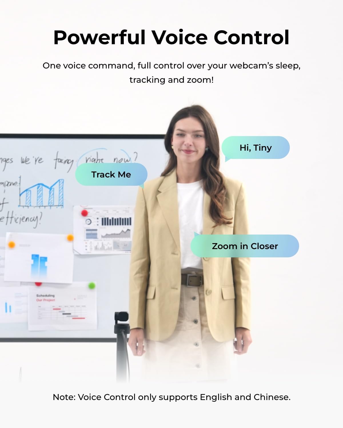 Powerful Voice Control  
One voice command, full control over your webcam's sleep, tracking and zoom!  
We're Herry right now?  
Track Me  
Hi, Tiny  
Zoom in Closer  
Scheduling Our Project  
Note: Voice Control only supports English and Chinese.