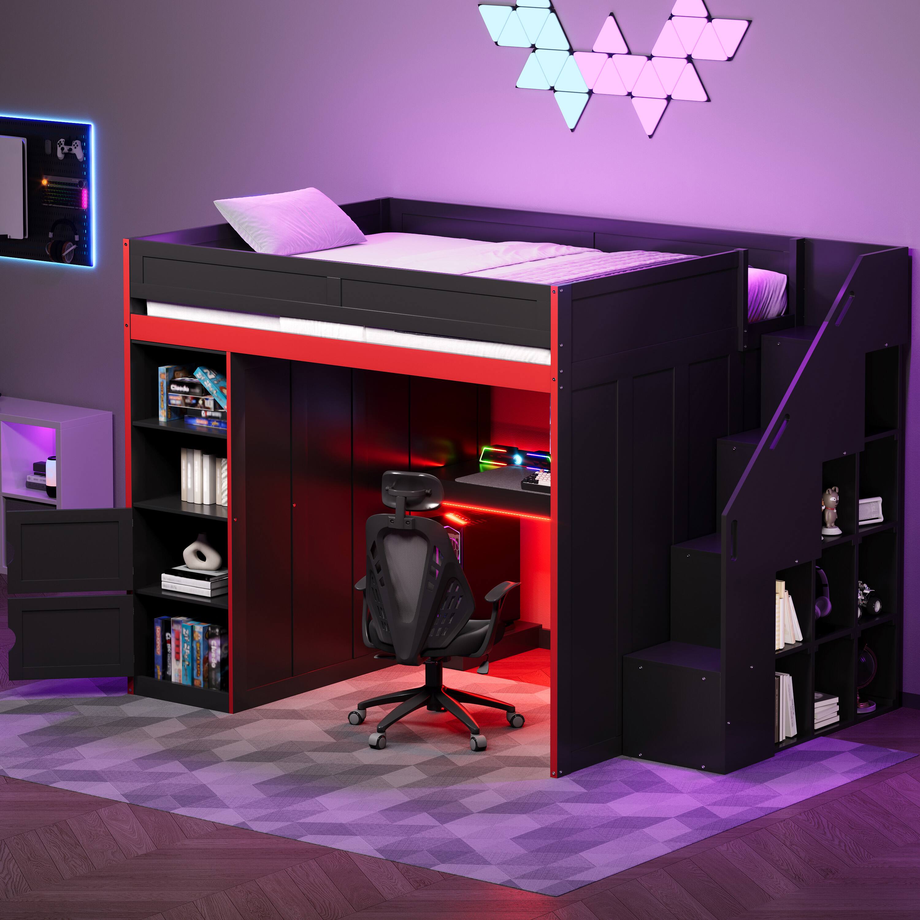 Alt View 1. Anysun - Anysun Full Size Modern Sleek Look Gaming Loft Bed with Ample Storage Spaces, Assembly Required - Black.