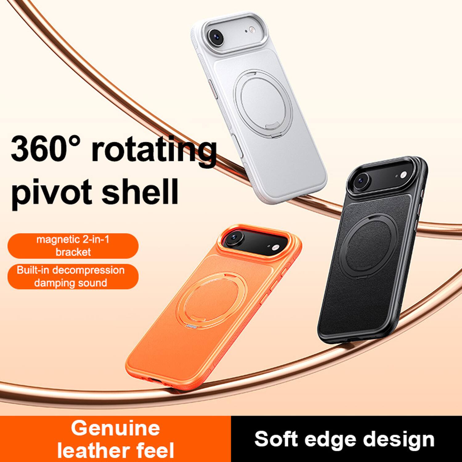 360° rotating pivot shell  
magnetic 2-in-1 bracket  
Built-in decompression damping sound  
Genuine leather feel  
Soft edge design