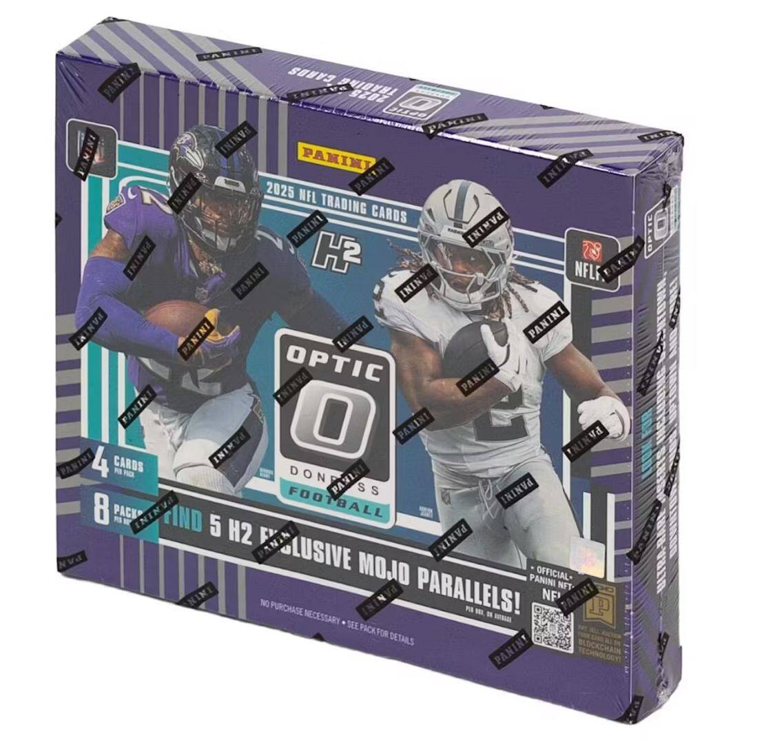 PANINI 2025 NFL TRADING CARDS  
OPTIC  
H2O  
4 CARDS PER PACK  
8 PACKS PER BOX  
FIND 5 H2O EXCLUSIVE MOJO PARALLELS!  
NO PURCHASE NECESSARY. SEE PACK FOR DETAILS  
OFFICIAL PANINI NFT