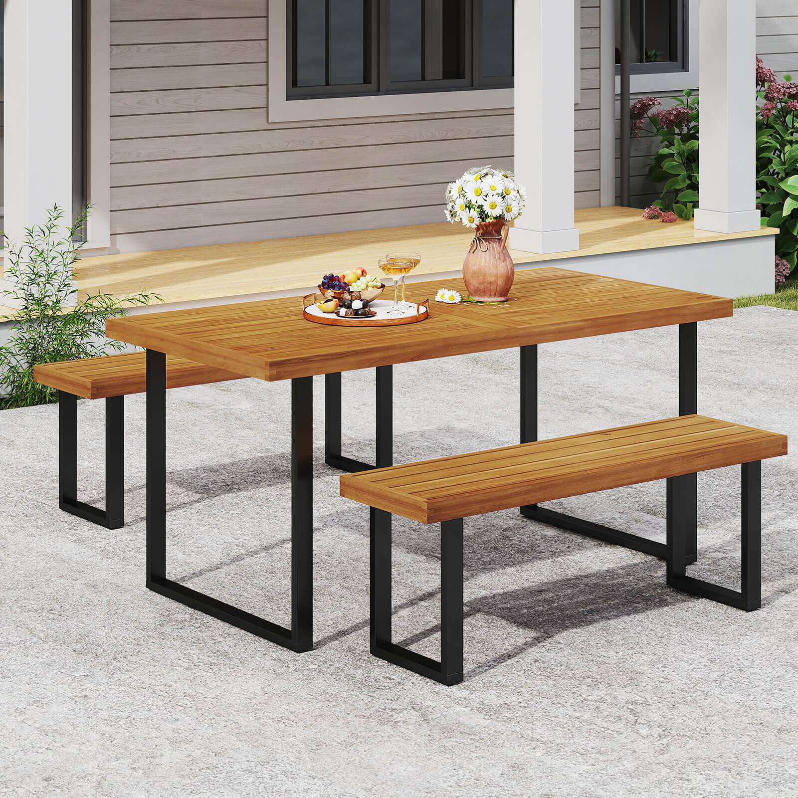 Alt View 3. Costway - Costway 3PCS Patio Dining Table Set, 63" Rectangle Table 2 Backless Bench Umbrella Hole - Natural,Black.