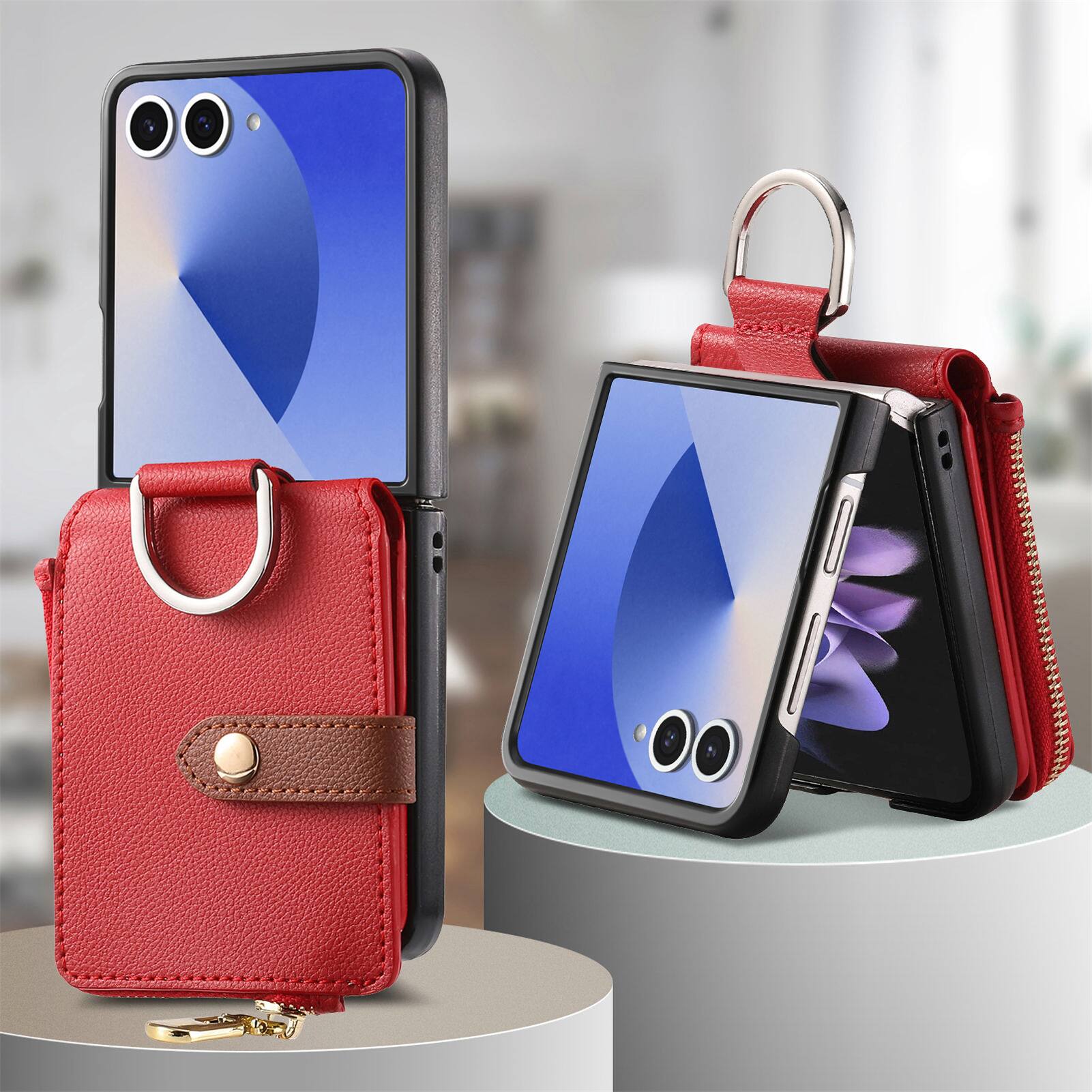 Alt View 5. Dteck - Flip Wallet Case for Samsung Galaxy Z Flip7,Built-in Metal Finger Ring,Shockproof Zipper Pocket PU Leather Cover - Red.