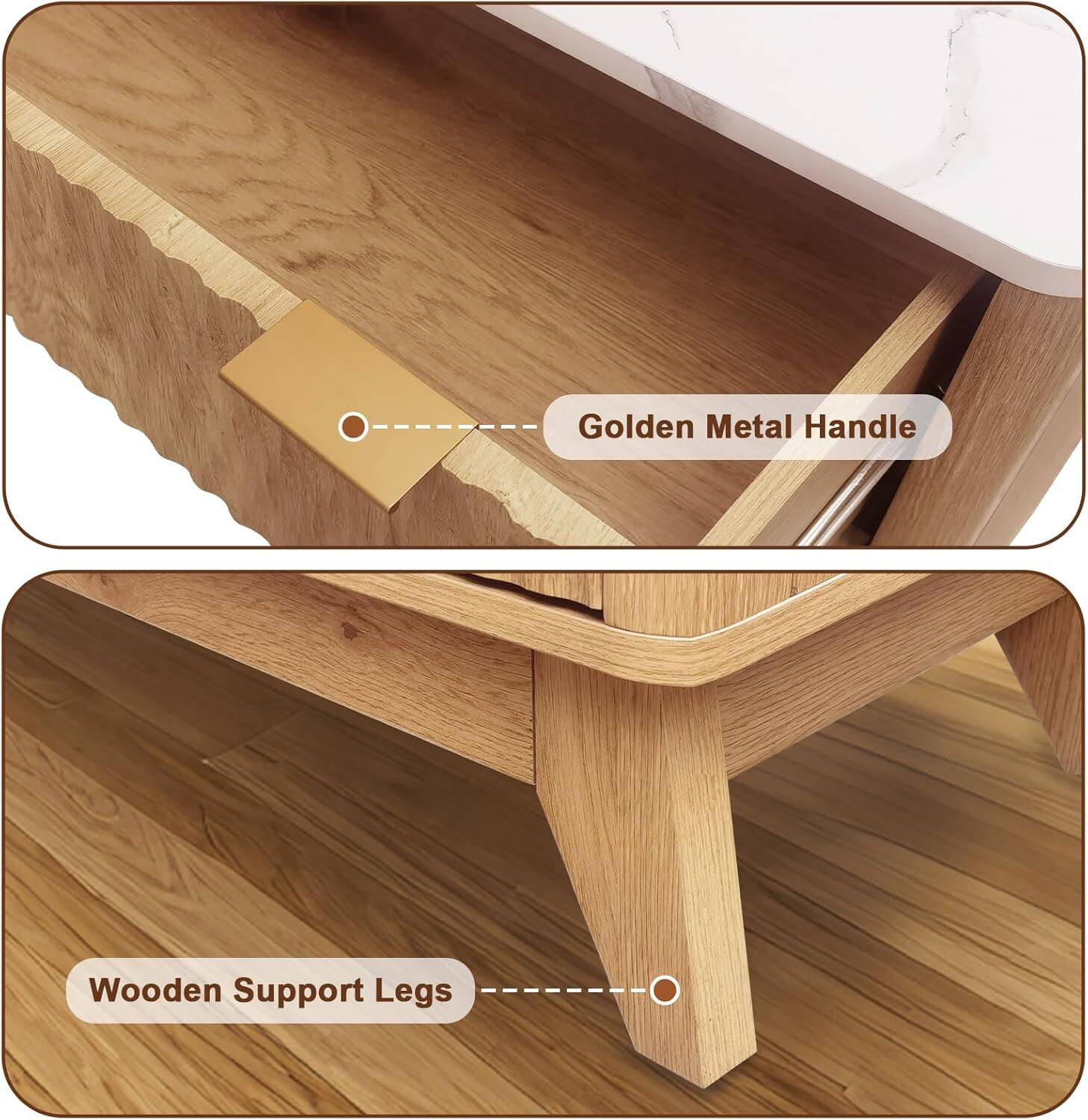 Golden Metal Handle  
Wooden Support Legs