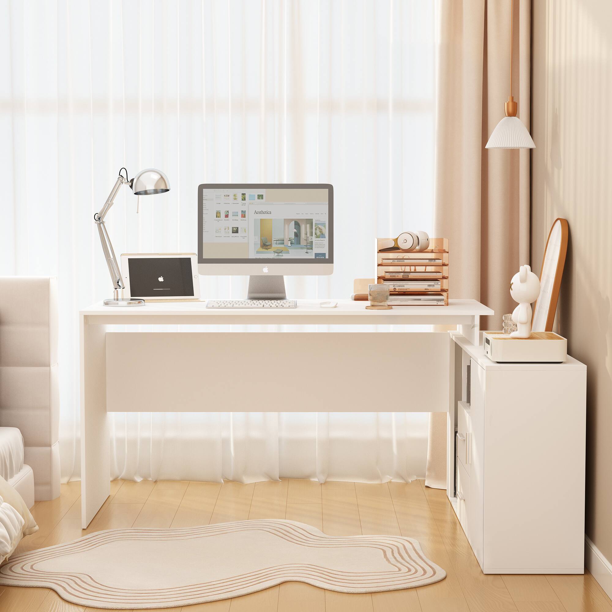 Alt View 2. FUFU & GAGA - FUFU&GAGA L - Shaped Multifunctional Desk - Storage - Rich Workstation for Home & Hobby Spaces - White.
