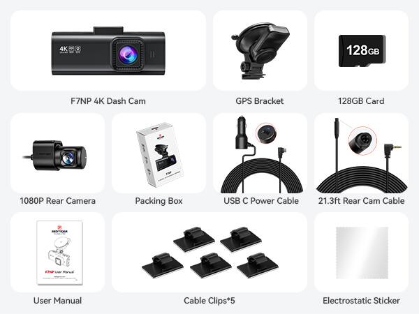4K 128GB F7NP 4K Dash Cam GPS Bracket 128GB Card 1080P Rear Camera Packing Box USB C Power Cable 21.3ft Rear Cam Cable HOTIAR F7N User Manual User Manual Cable Clips*5 Electrostatic Sticker
