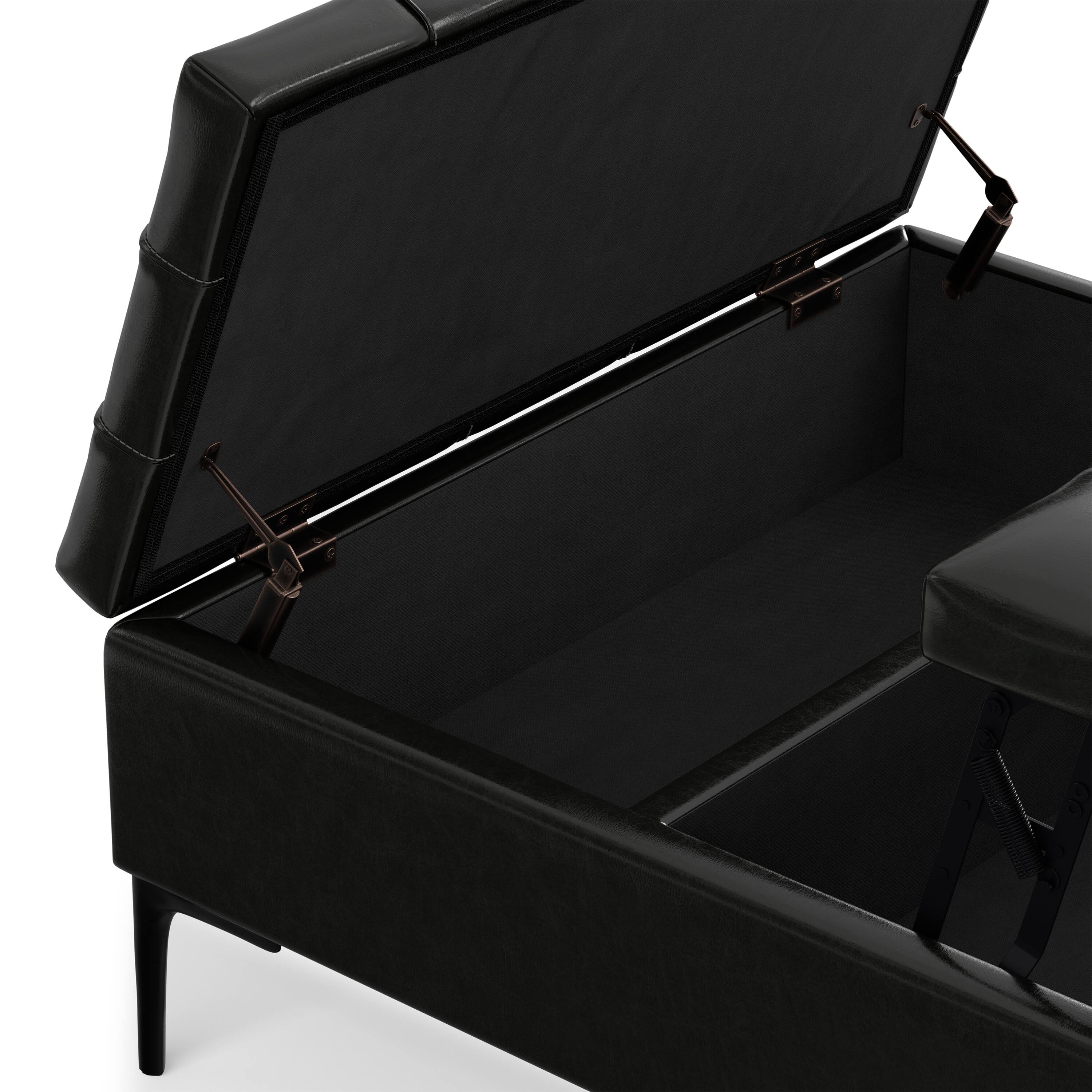 Alt View 6. Simpli Home - Laura 36 inch Transitional Square Mid Century Lift Top Storage Ottoman in Midnight Black Vegan Faux Leather, Assembled - Midnight Black.