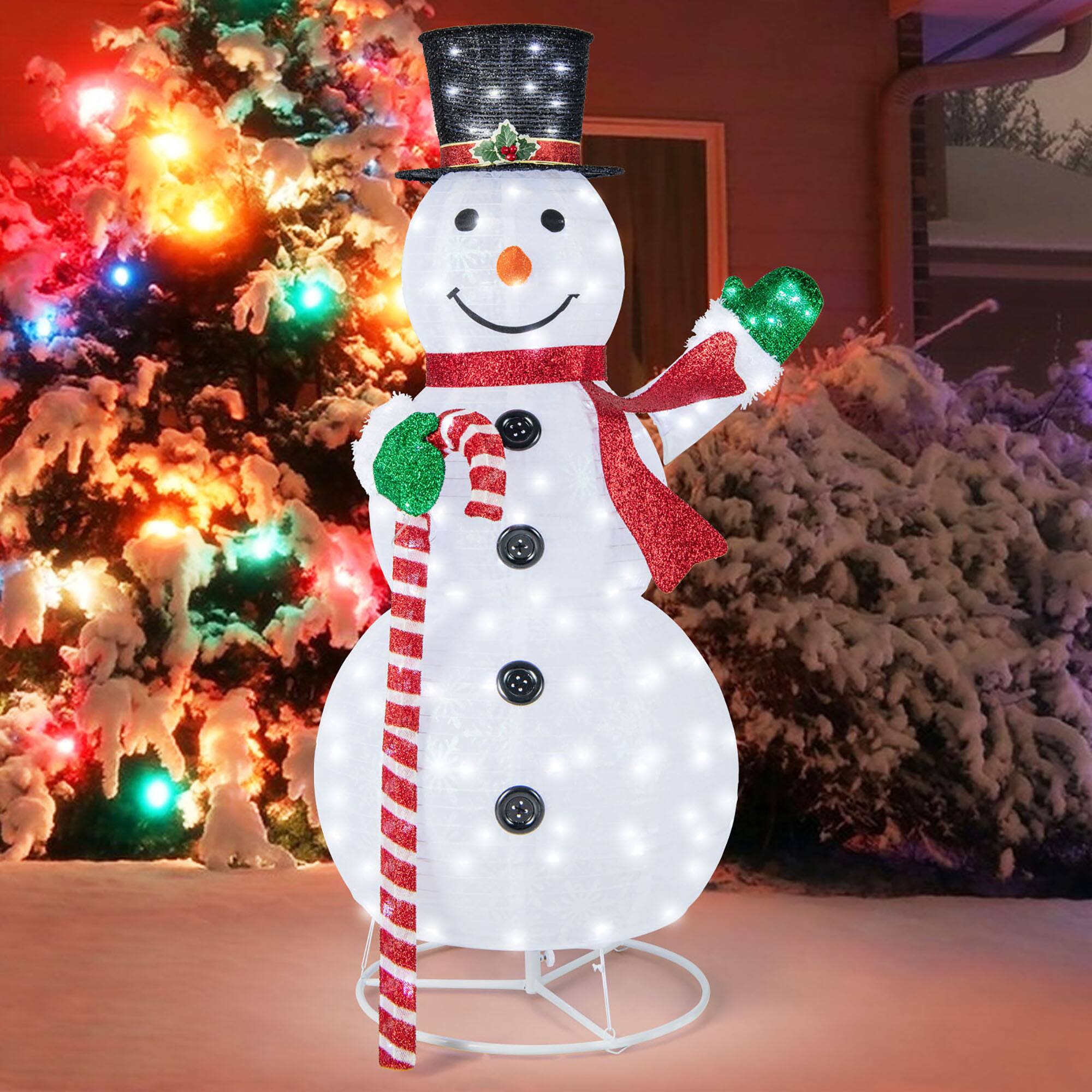 Gymax - 5FT Lighted Christmas Snowman Outdoor Pop-up Snow Man w/ LED Lights & Santa Hat - White