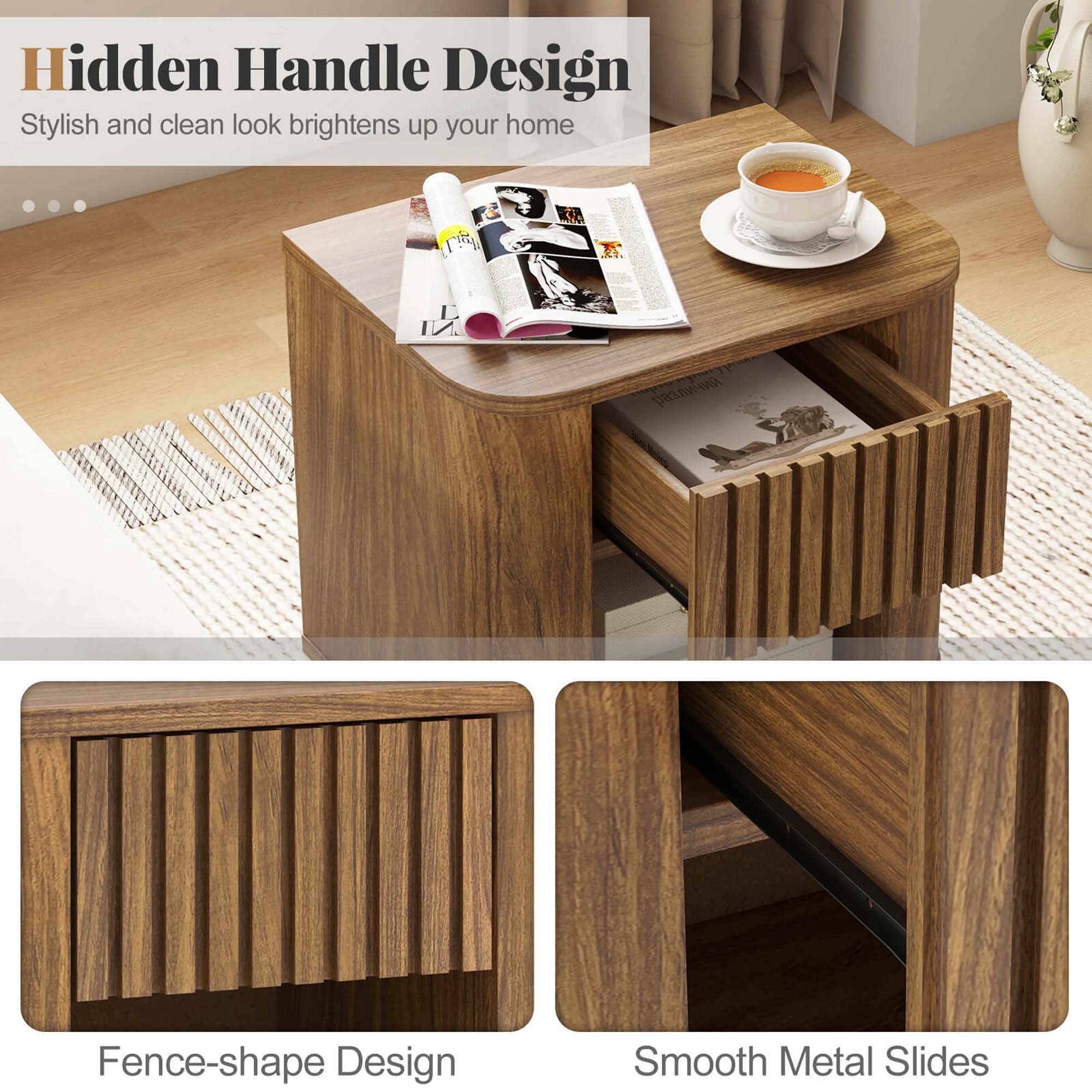 Hidden Handle Design: Stylish and clean look brightens up your home. Fence-shape Design: Smooth Metal Slides.