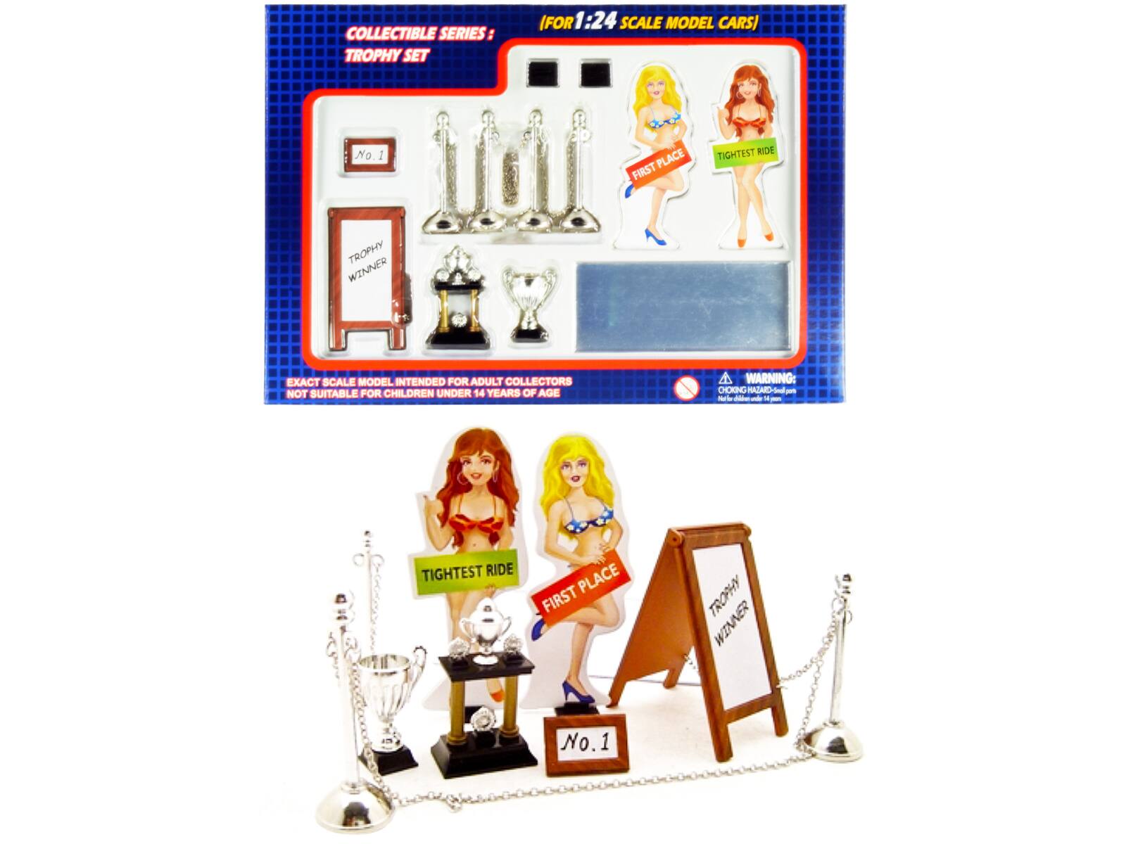 COLLECTIBLE SERIES: TROPHY SET FOR 1:24 SCALE MODEL CARS

No.1 FIRST PLACE TIGHTEST RIDE TROPHY WINNER

EXACT SCALE MODEL INTENDED FOR ADULT COLLECTORS NOT SUITABLE FOR CHILDREN UNDER 14 YEARS OF AGE

WARNING: CHOKING HAZARD - Small parts. Not for children under 3 years.