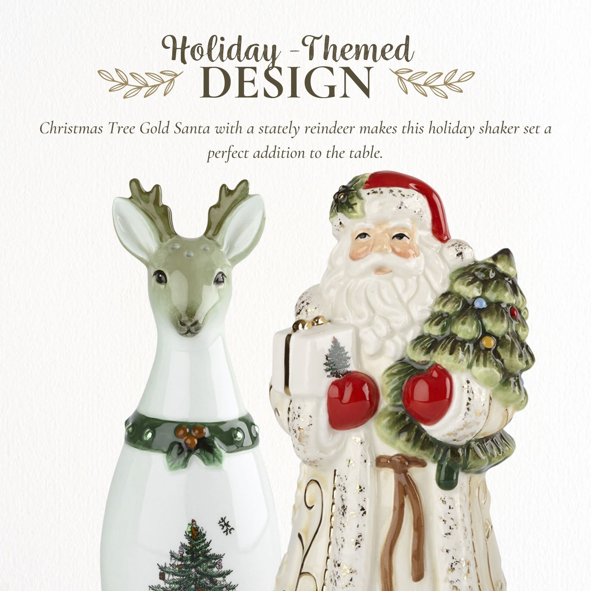 Holiday-Themed DESIGN Christmas Tree Gold Santa with a stately reindeer makes this holiday shaker set a perfect addition to the table.