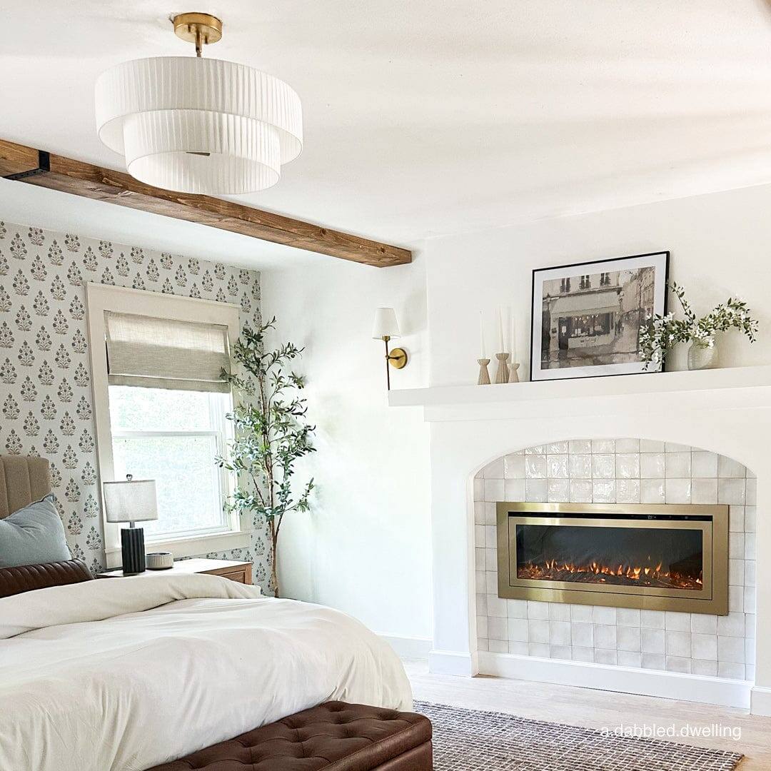 Left. Touchstone Home Products - 50 in. Wall Mounted Recessed Sideline Deluxe Gold Smart Electric Fireplace 1500W - Gold.