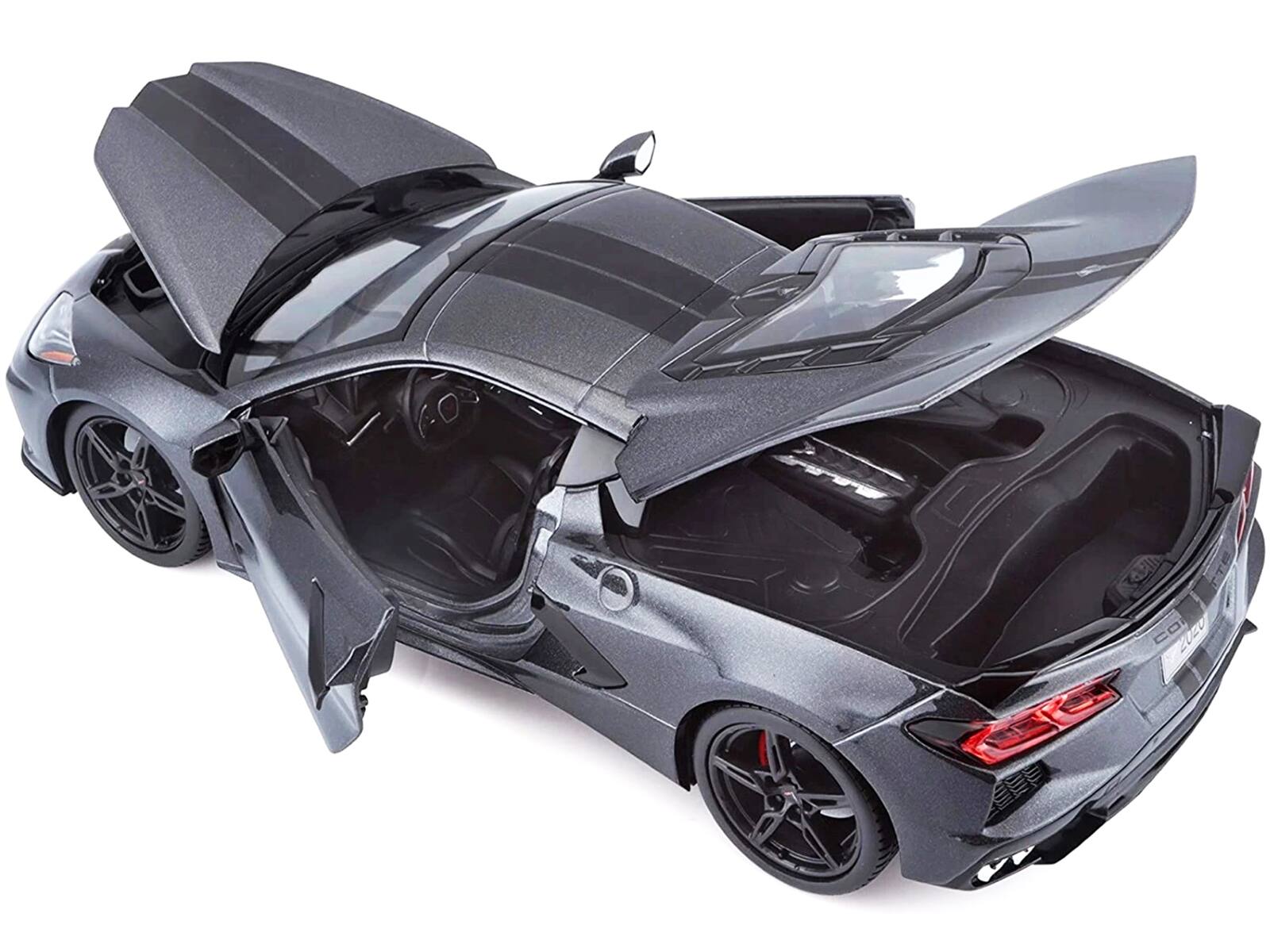 Alt View 3. Maisto - 2020 Chevrolet Corvette Stingray C8 Dark Gray Metallic with Racing Stripes 1/18 Diecast Model Car by Maisto.
