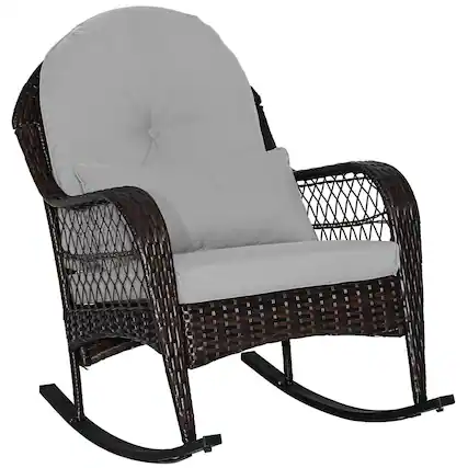 Front. Costway - Patio Wicker Rocking Chair with Seat Back Cushions & Lumbar Pillow Porch - Mix Brown + Gray.
