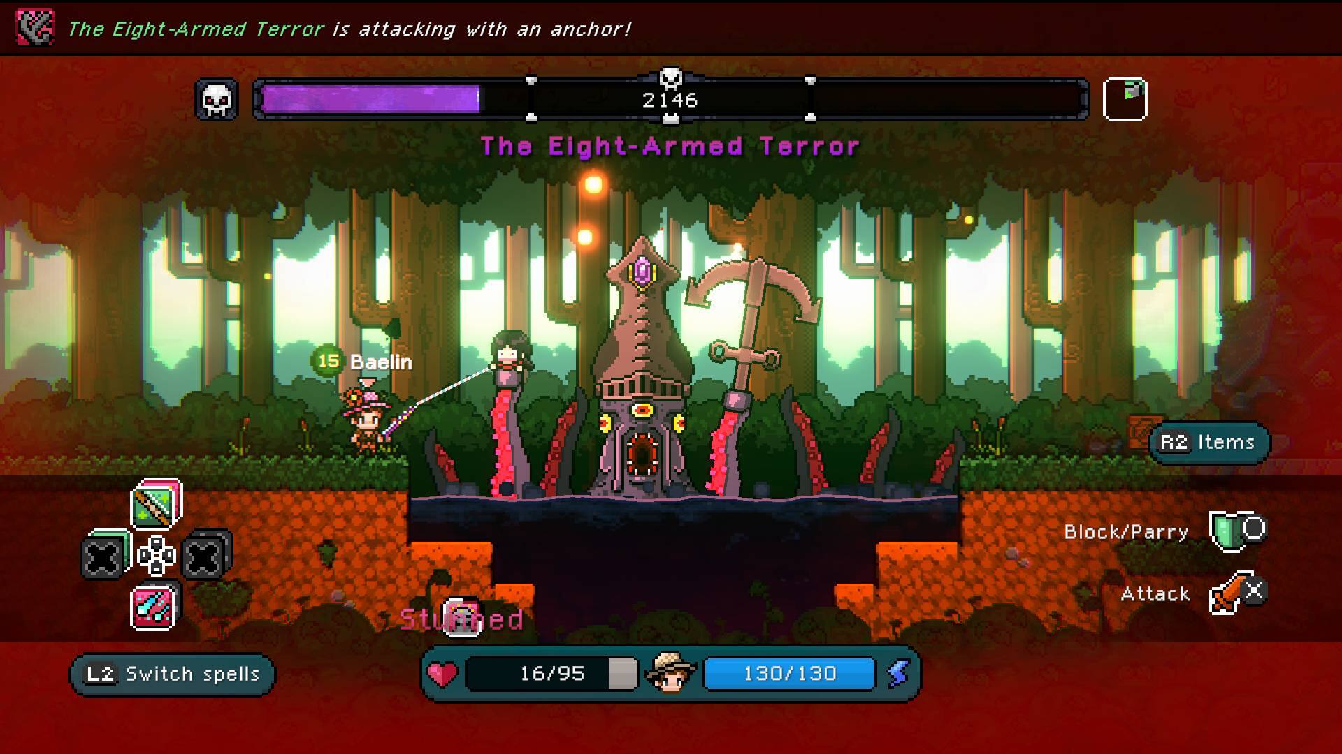 The Eight-Armed Terror is attacking with an anchor! The Eight-Armed Terror 15 Baelin R2 Items Block/Parry Stu Stunned hed Attack L2 Switch spells 16/95 130/130 1