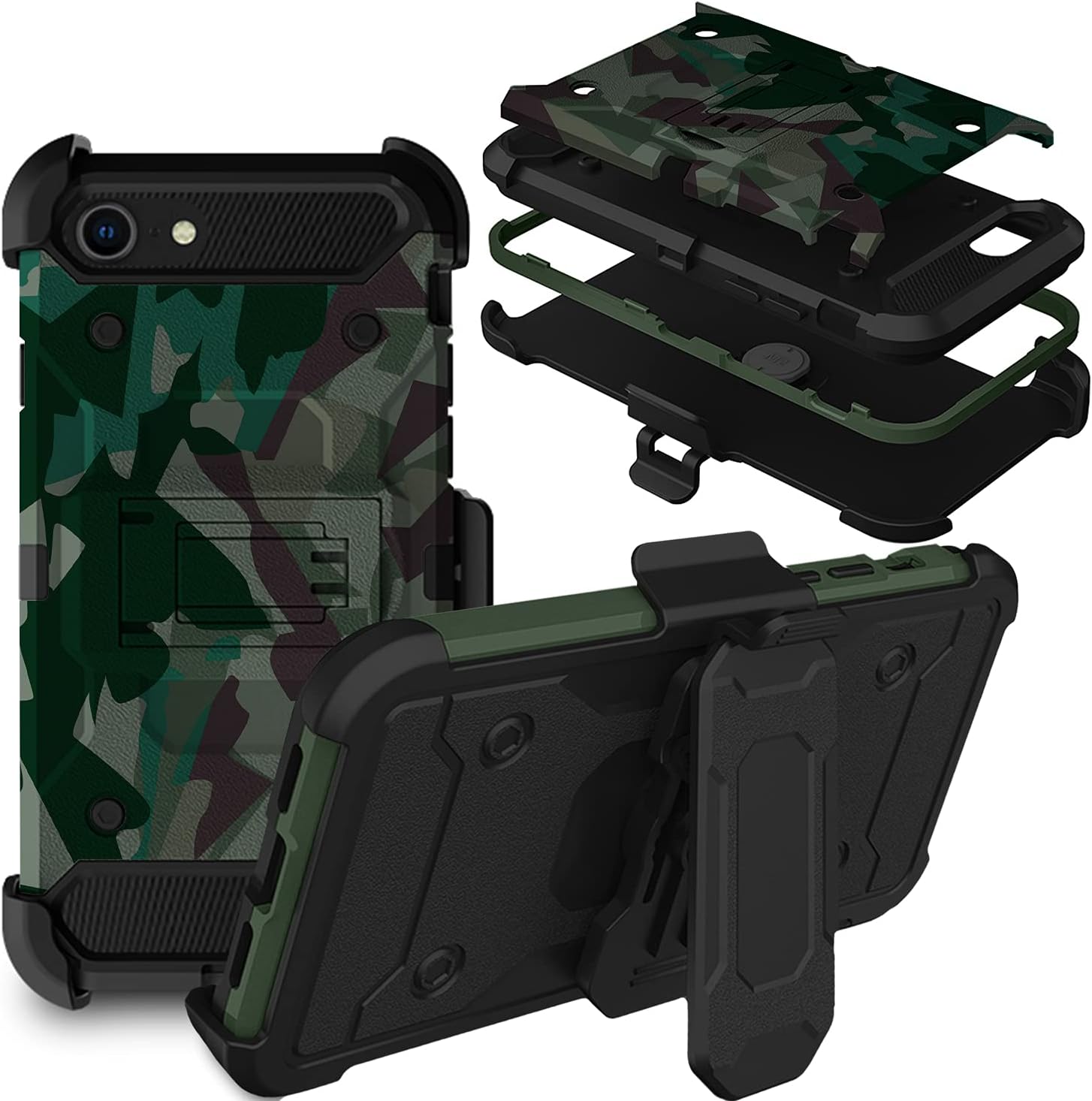 Front. DuraSafe Cases - iPhone SE 2 (2020) / SE 3 (2022) - 4.7" Heavy-Duty Rugged Phone Case with Kickstand - Military Green(With Holster).