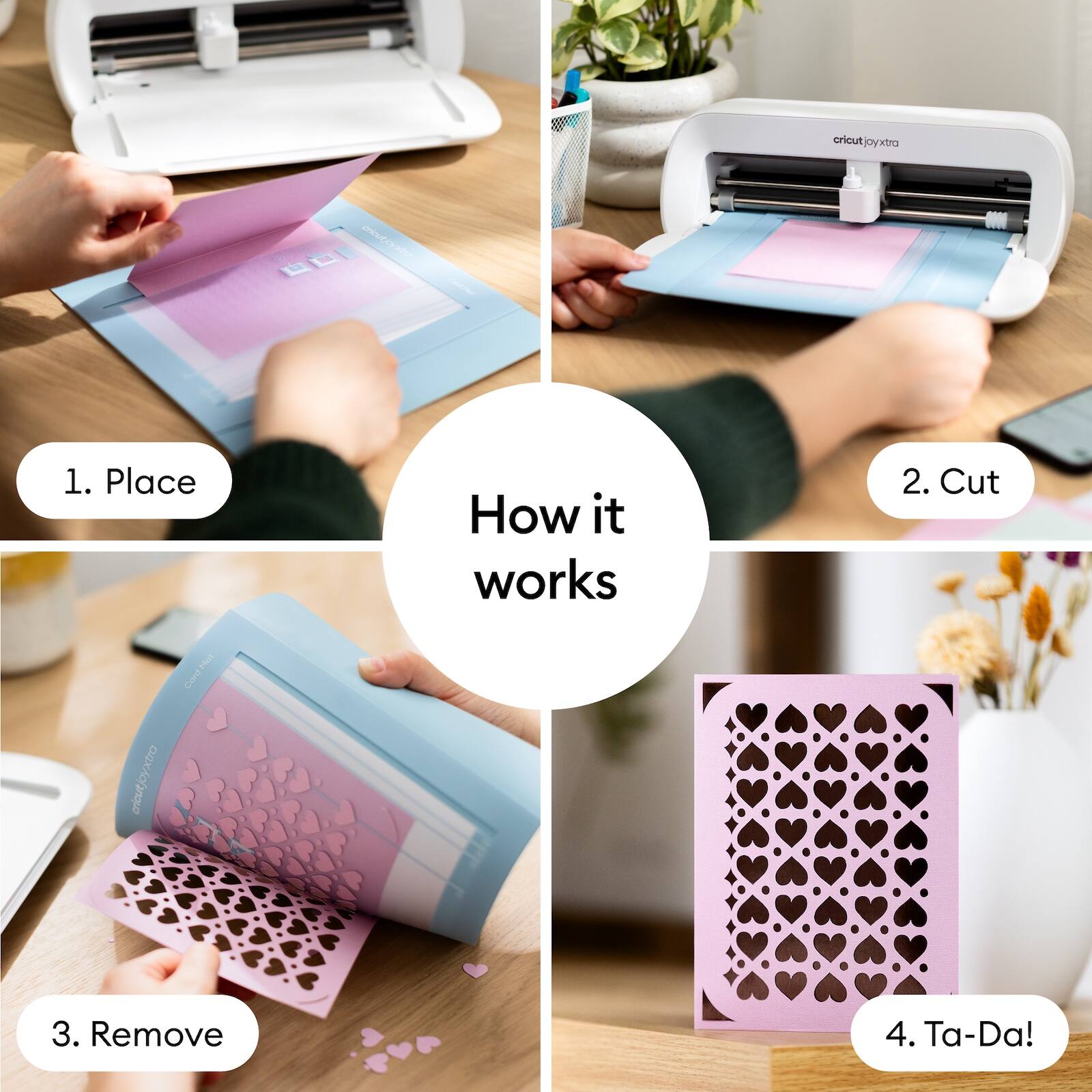 1. Place  
2. Cut  
3. Remove  
4. Ta-Da!  

How it works