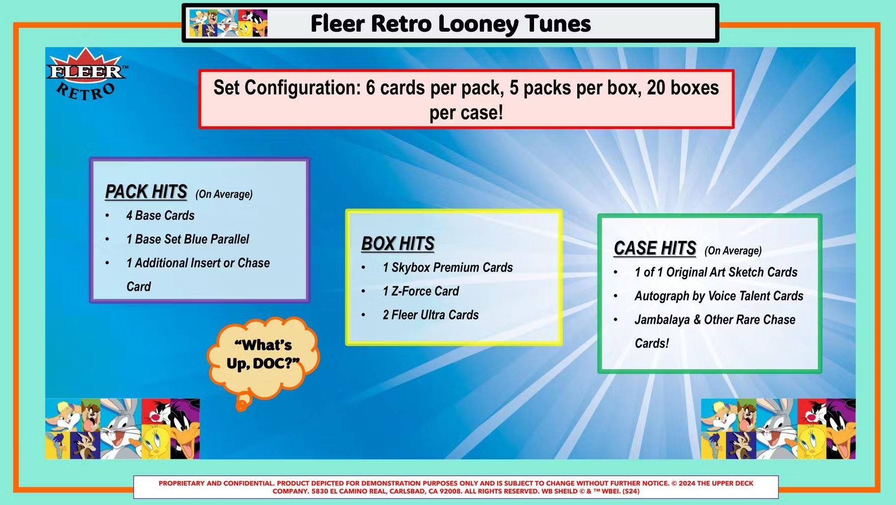 Fleer Retro Looney Tunes

Set Configuration: 6 cards per pack, 5 packs per box, 20 boxes per case!

PACK HITS (On Average)
- 4 Base Cards
- 1 Base Set Blue Parallel
- 1 Additional Insert or Chase Card

BOX HITS
- 1 Skybox Premium Cards
- 1 Z-Force Card
- 2 Fleer Ultra Cards

CASE HITS (On Average)
- 1 of 1 Original Art Sketch Cards
- Autograph by Voice Talent Cards
- Jambalaya & Other Rare Chase Cards!

"What's Up, DOC?"

Proprietary and Confidential. Product depicted for demonstration purposes only and is subject to change without further notice. © 2024 The Upper Deck Company. 5830 El Camino Real, Carlsbad, CA 92008. All rights reserved. WB Shield & FM WBEI. (S24)