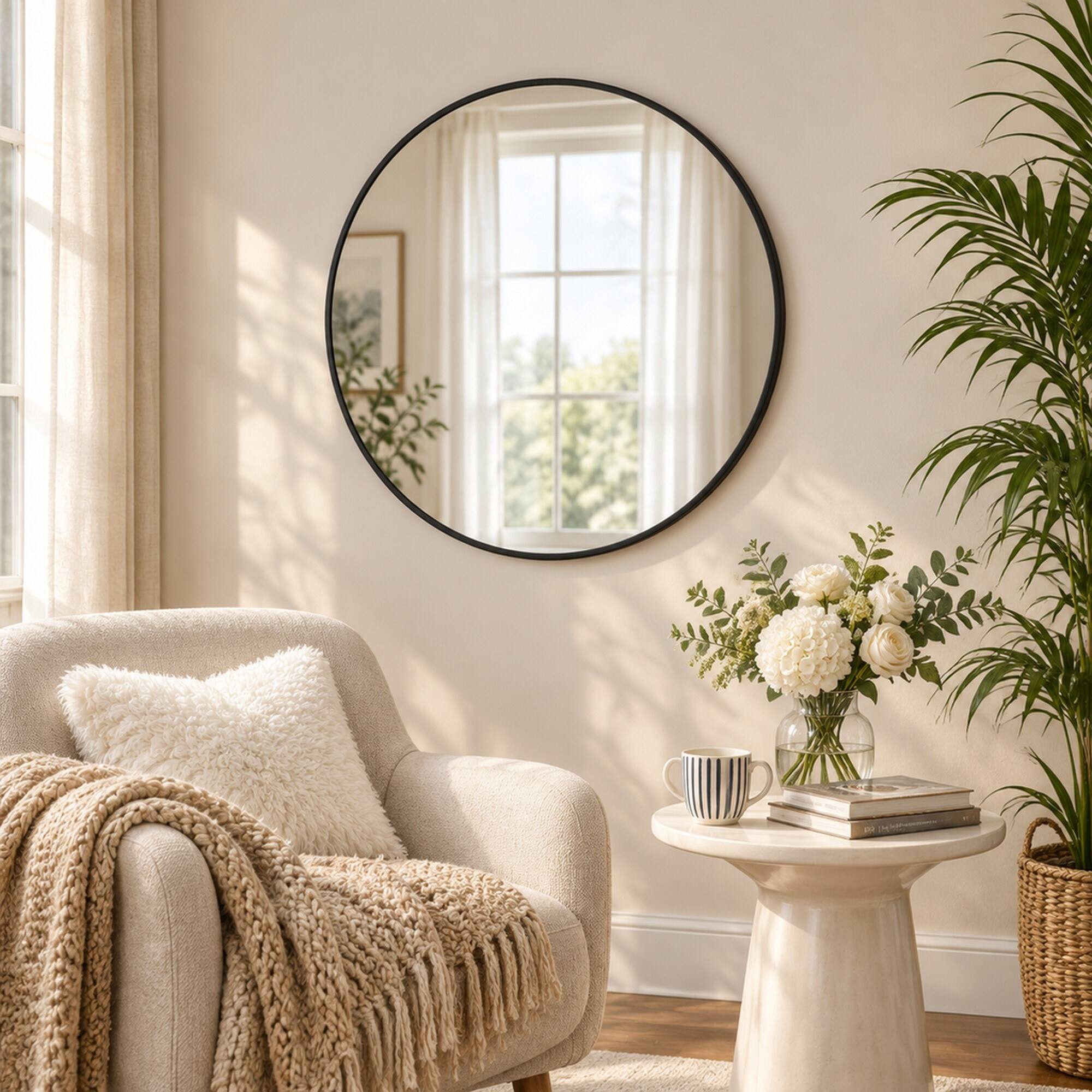 RYHNUYNE 48 Inch Round Wall Mirror, Metal Frame, Circular Vanity Mirror ...