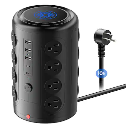 Front. Dazzed Corner - Surge Protector Power Strip, 10FT Extension Cord - Black.