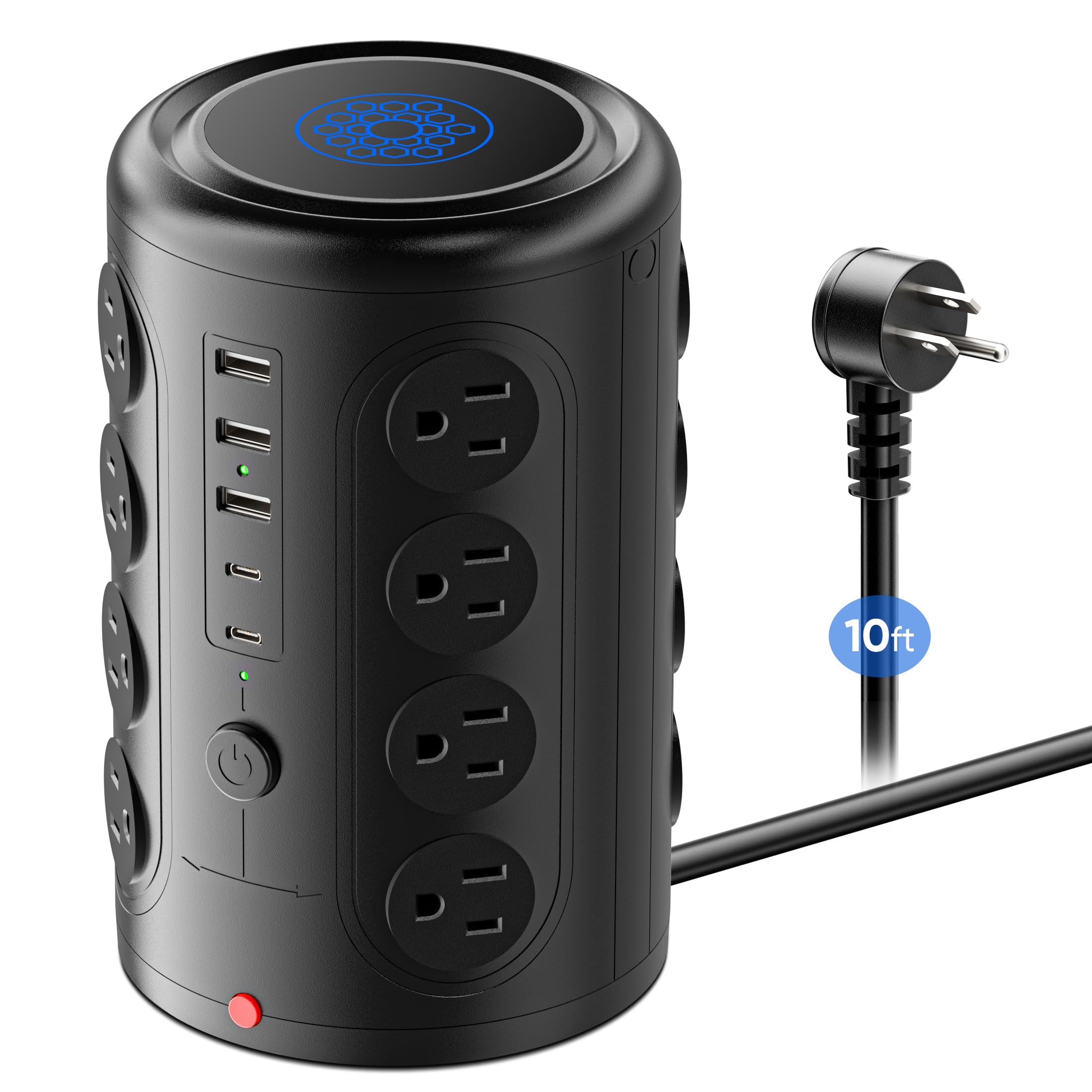 Front. Dazzed Corner - Surge Protector Power Strip, 10FT Extension Cord - Black.