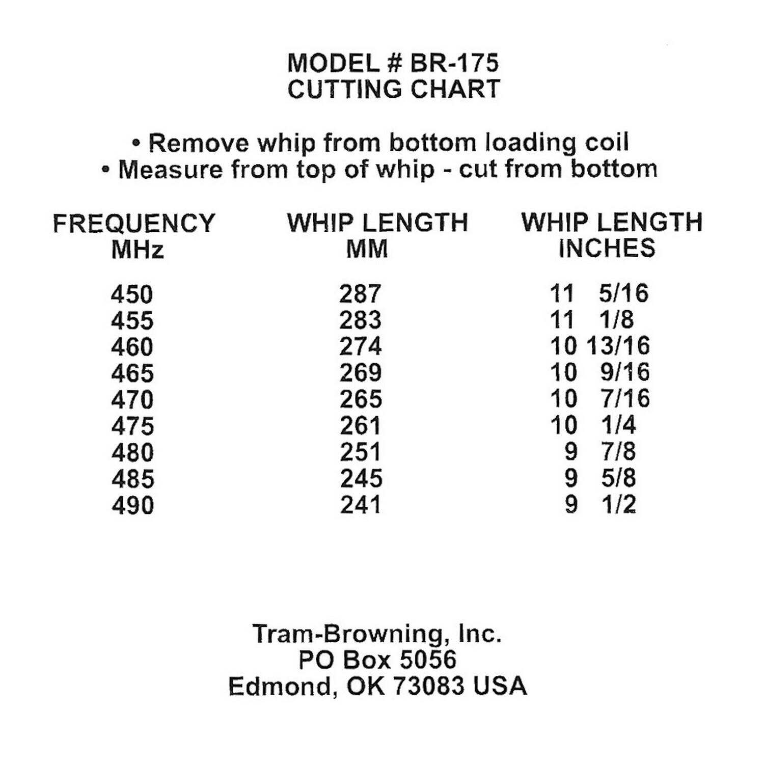 MODEL # BR-175  
CUTTING CHART  

Remove whip from bottom loading coil  
Measure from top of whip - cut from bottom  

FREQUENCY MHz | WHIP LENGTH MM | WHIP LENGTH INCHES  
450 | 287 | 11 5/16  
455 | 283 | 11 1/8  
460 | 274 | 10 13/16  
465 | 269 | 10 9/16  
470 | 265 | 10 7/16  
475 | 261 | 10 1/4  
480 | 251 | 9 7/8  
485 | 245 | 9 5/8  
490 | 241 | 9 1/2  

Tram-Browning, Inc.  
PO Box 5056  
Edmond, OK 73083 USA