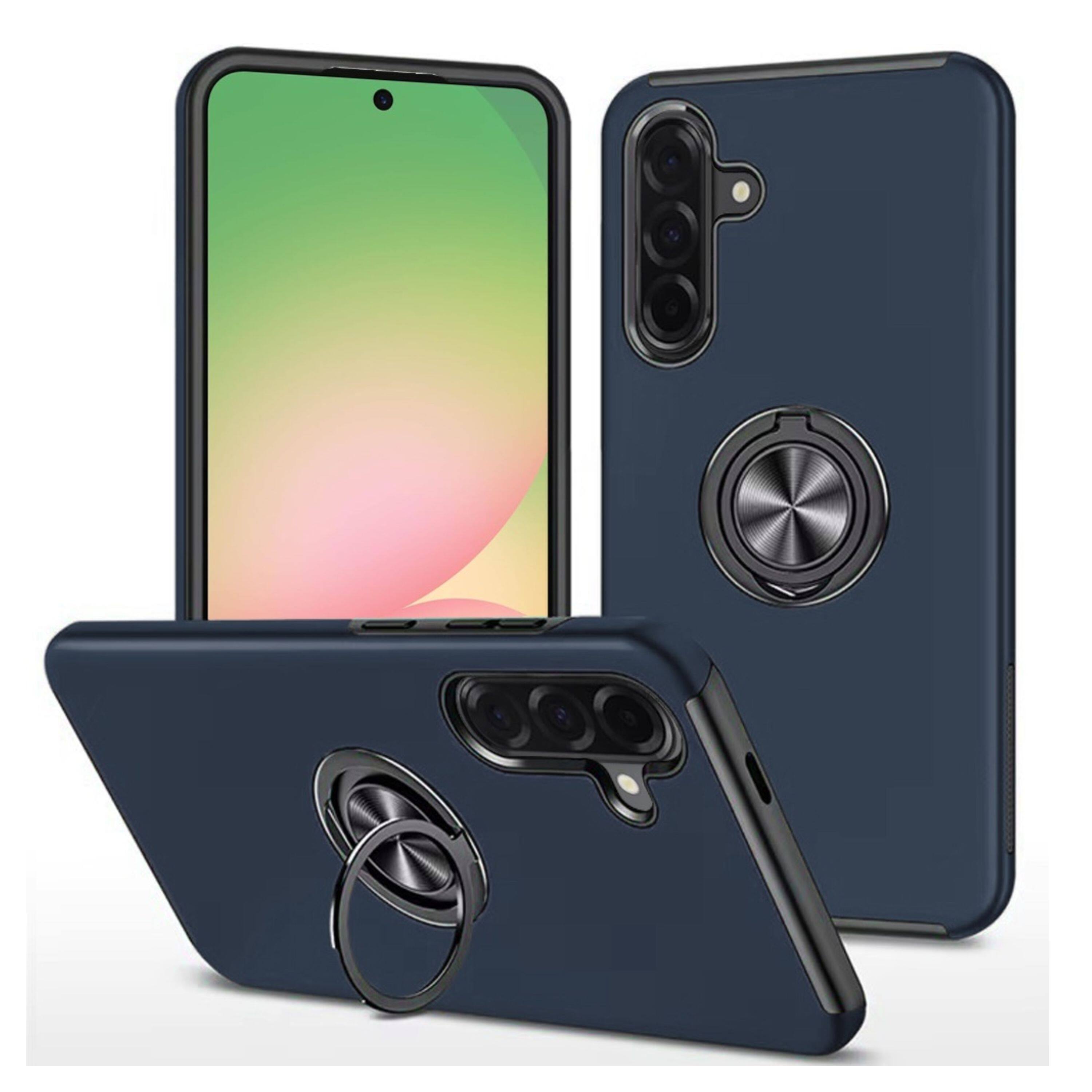 Front. Kitcheniva - Rubber Dual Layer Magnetic Ring Stand Phone Case With Tempered Glass For Samsung Galaxy A57 5G Dark Blue - Dark Blue.