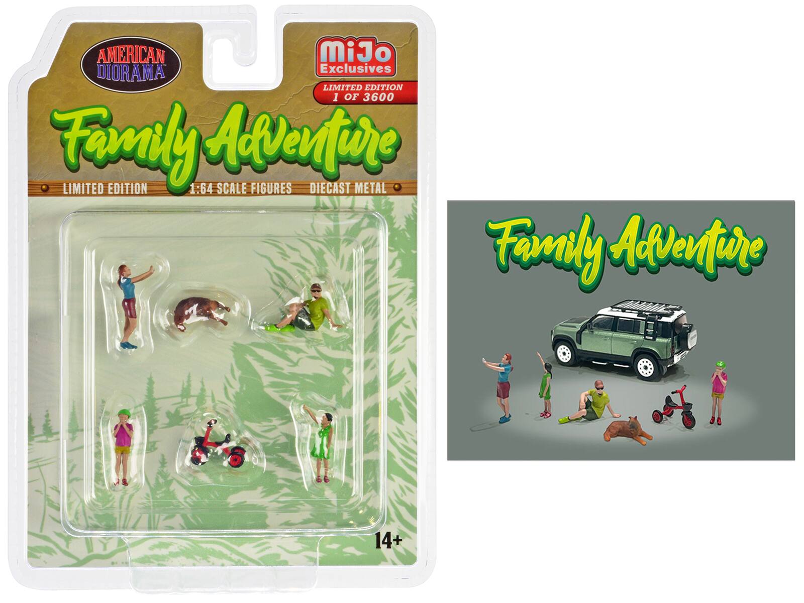 AMERICAN DIORAMA  
Family Adventure  
LIMITED EDITION  
1:64 SCALE FIGURES DIECAST METAL  
14+  

MiJo Exclusives  
LIMITED EDITION 1 OF 3600  

Family Adventure