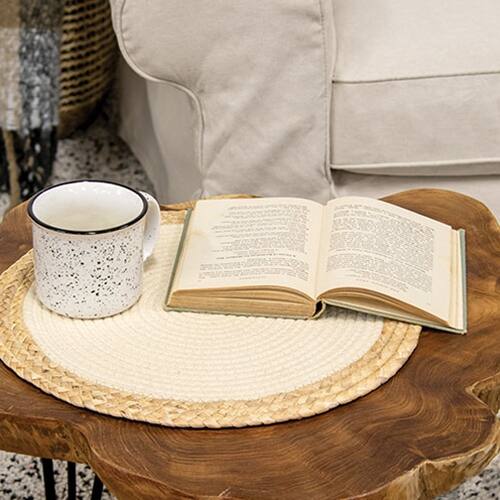 Angle. BreeBe - Woven Cotton & Hyacinth Round Mat Natural 15.5" Dia. - Natural.