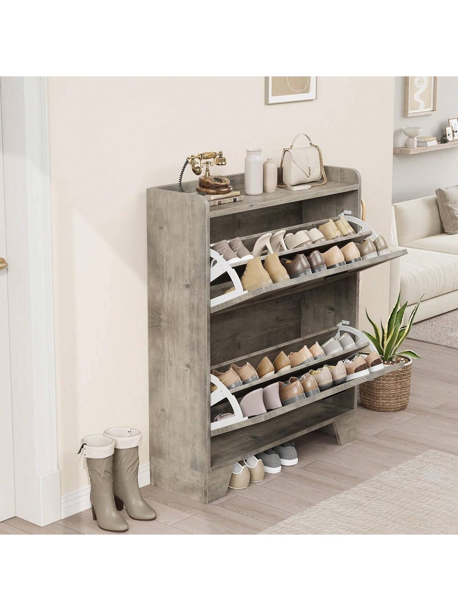 Angle. GARVEE - Shoe Cabinet Storage For Entryway Narrow Shoe Cabinet With 2 Flip Drawers Freestanding Hidden Slim Shoe Organizer - Gray.