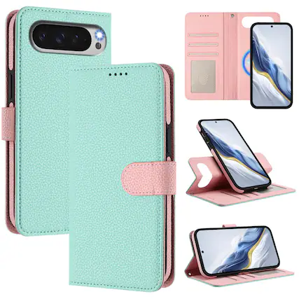 Front. Dteck - Magnetic Detachable 2-in-1 Wallet Case for Google Pixel 10 Pro XL, PU Leather Flip Cover with Card Slots & Wrist Strap - Mint.