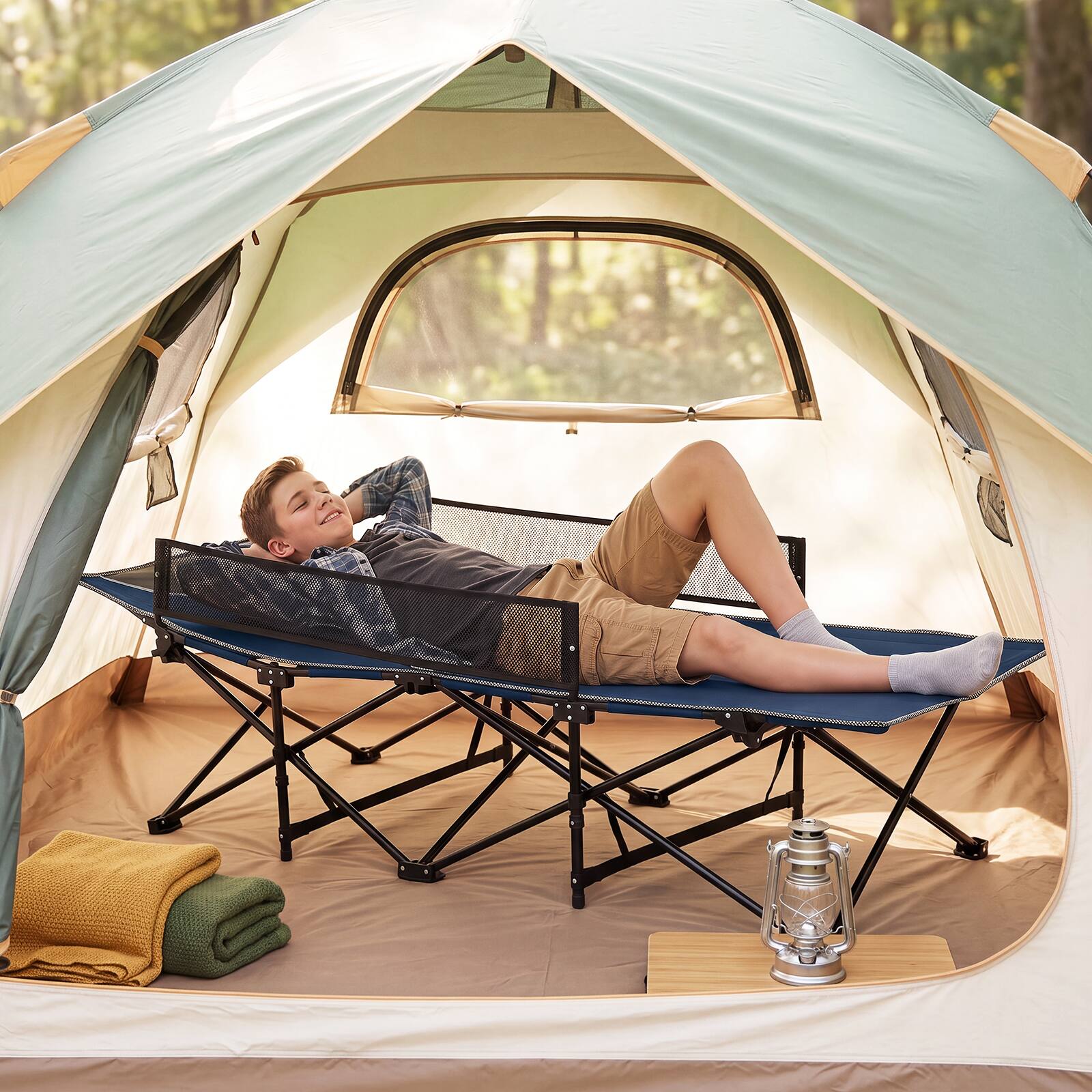 Alt View 3. Costway - Costway Foldable Camping Cot with Headrest Mesh Side Rails Carry Bag Metal Frame for Hiking - Navy.