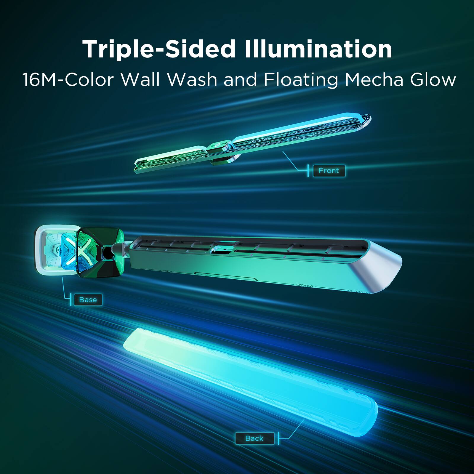 Triple-Sided Illumination: 16M-Color Wall Wash and Floating Mecha Glow Front Base Back