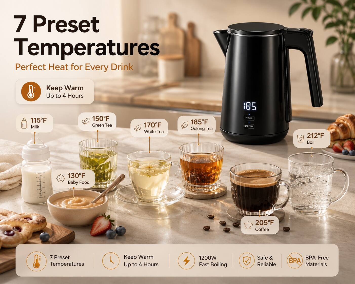 7 Preset Temperatures  
Perfect Heat for Every Drink  

Keep Warm Up to 4 Hours  

115°F Milk  
150°F Green Tea  
170°F White Tea  
185°F Oolong Tea  
185°F TEMP BOIL/OFF  
212°F Boil  

130°F Baby Food  
205°F Coffee  

7 Preset Temperatures  
Keep Warm Up to 4 Hours  
1200W Fast Boiling  
Safe & Reliable  
BPA-Free BRA Materials