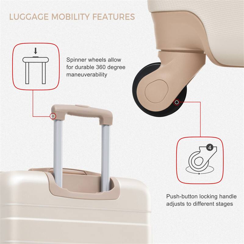 LUGGAGE MOBILITY FEATURES

Spinner wheels allow for durable 360 degree maneuverability

Push-button locking handle adjusts to different stages
