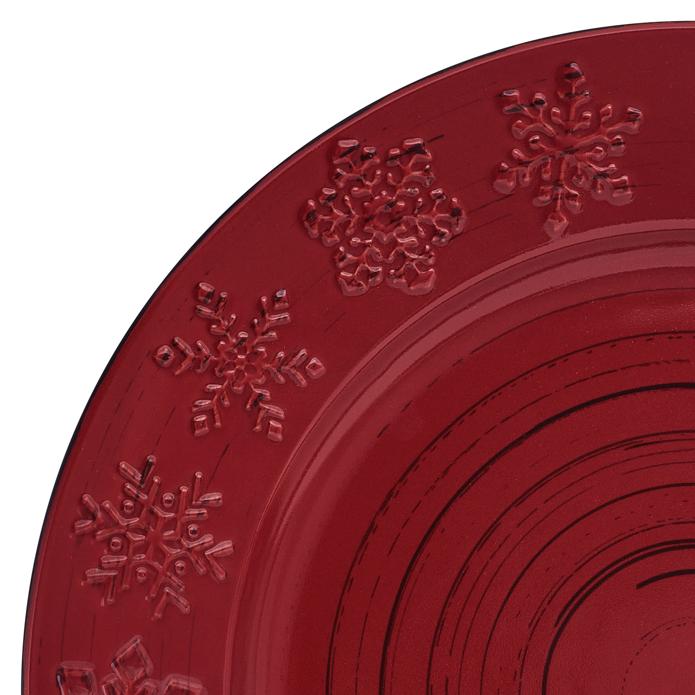 Left. Dazzed Corner - 16-Piece Stoneware Dinnerware Set, Service for 4, Microwave & Dishwasher Safe Plates and Bowls - Red.