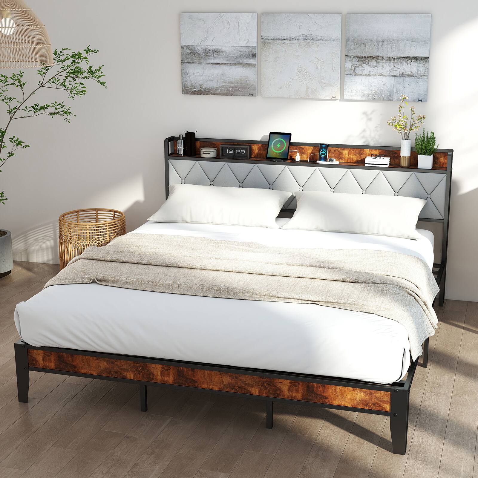 Left. AENKYO - Queen Size Bed Frame Upholstered Platform Bed with Storage and Charging Port - brown.
