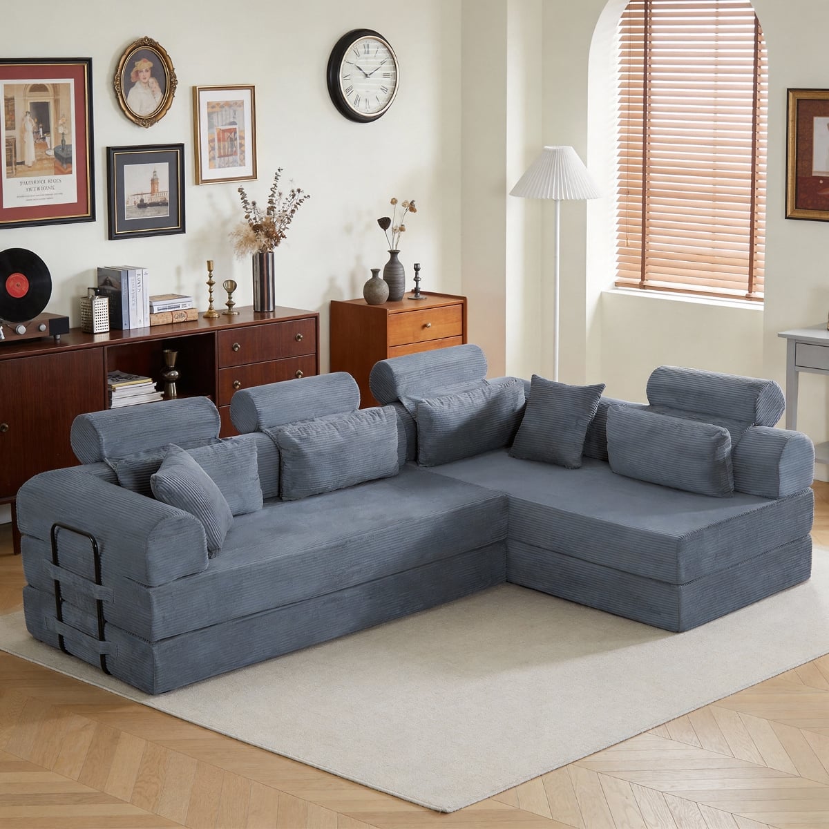 Ropilly - L Shaped Sectional Sofa Dark Gray Corduroy Sectional Couch Converts to Bed - Dark Gray